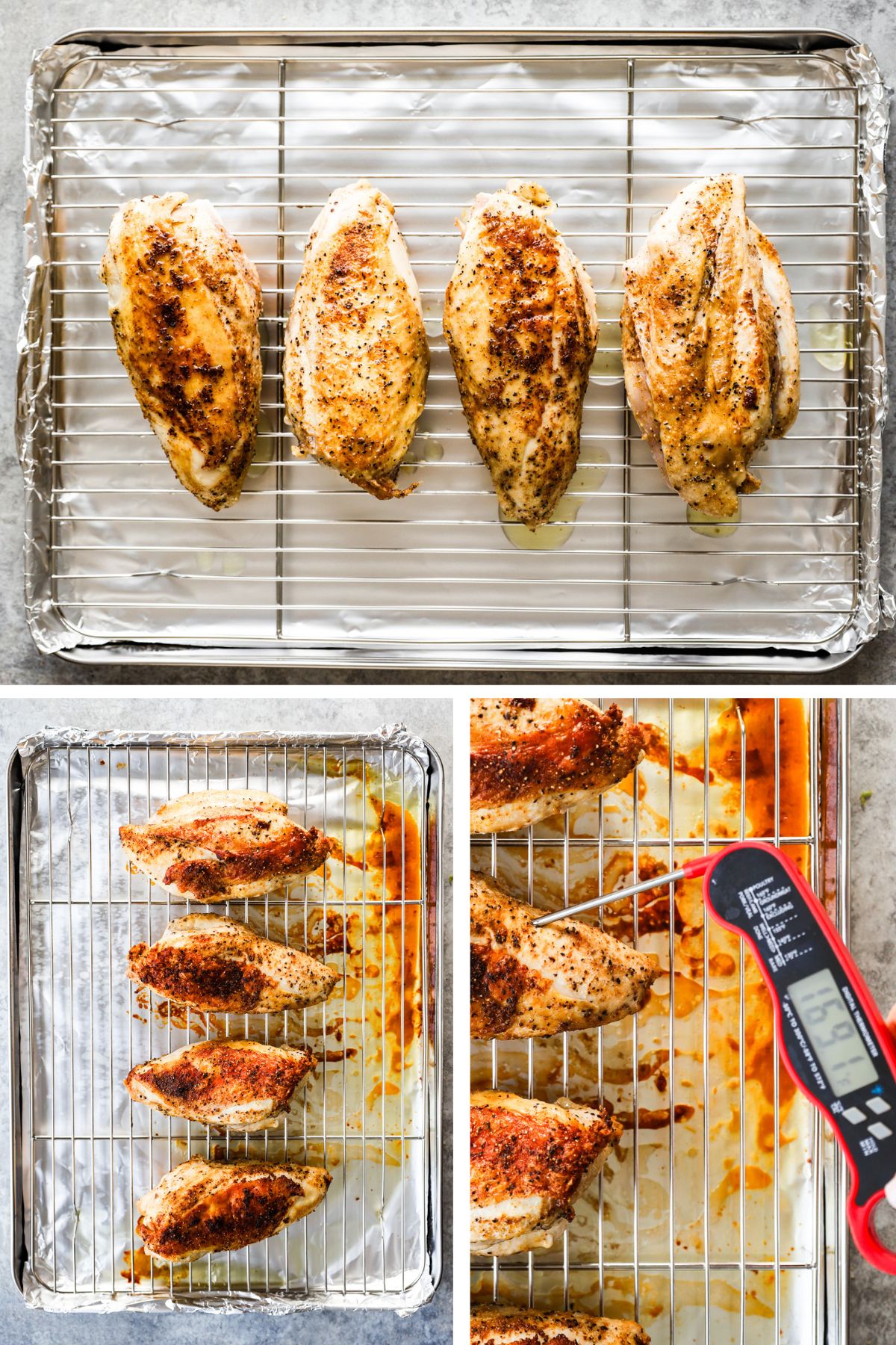 Three images grouped, first is seared chicken on baking sheet with rack, second is fully roasted chicken on rack, third is meat thermometer poking center of a chicken breast