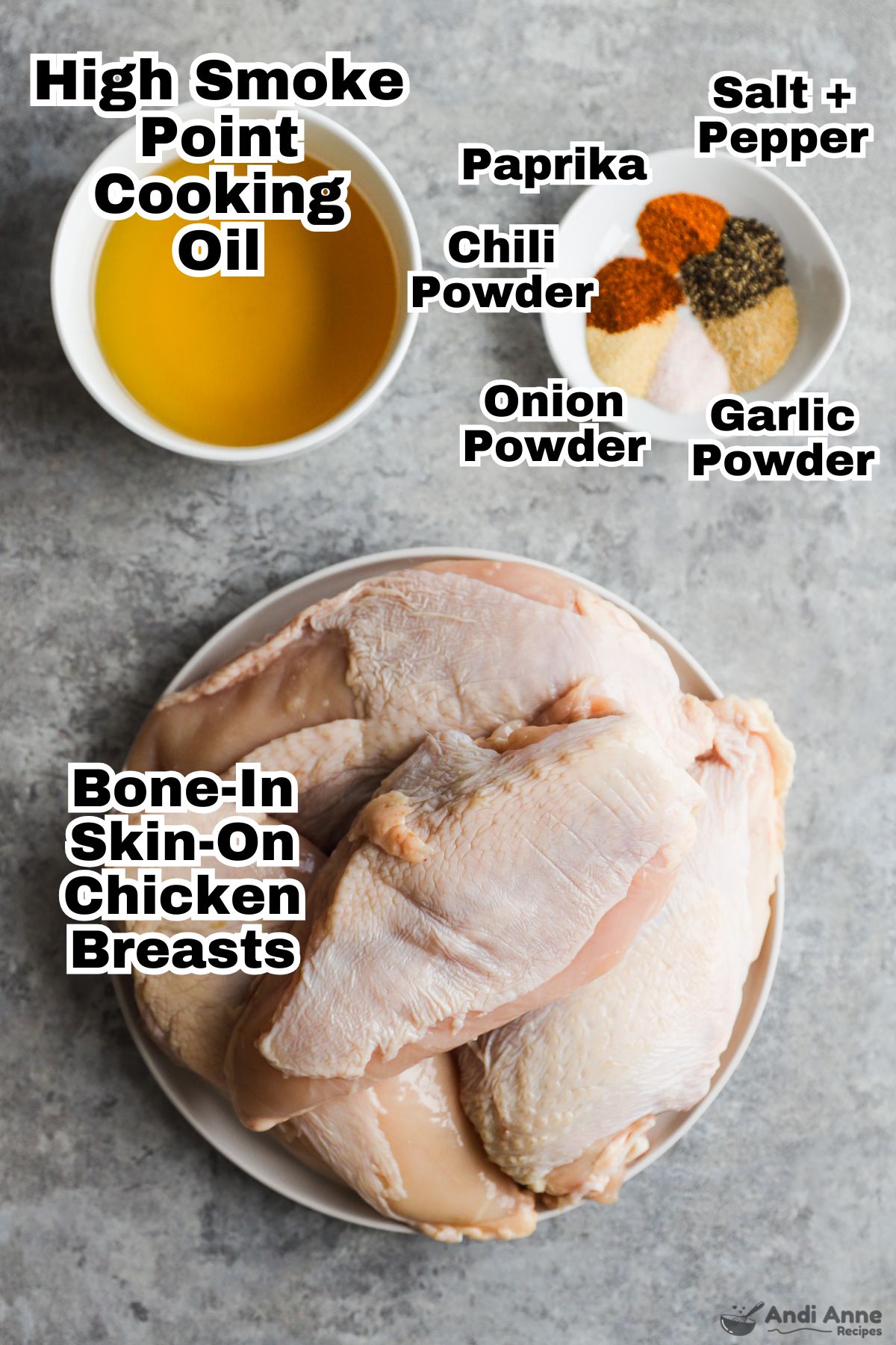 Recipe ingredients in bowls including four raw bone-in chicken breasts, a cup of cooking oil, and various spices on a plate