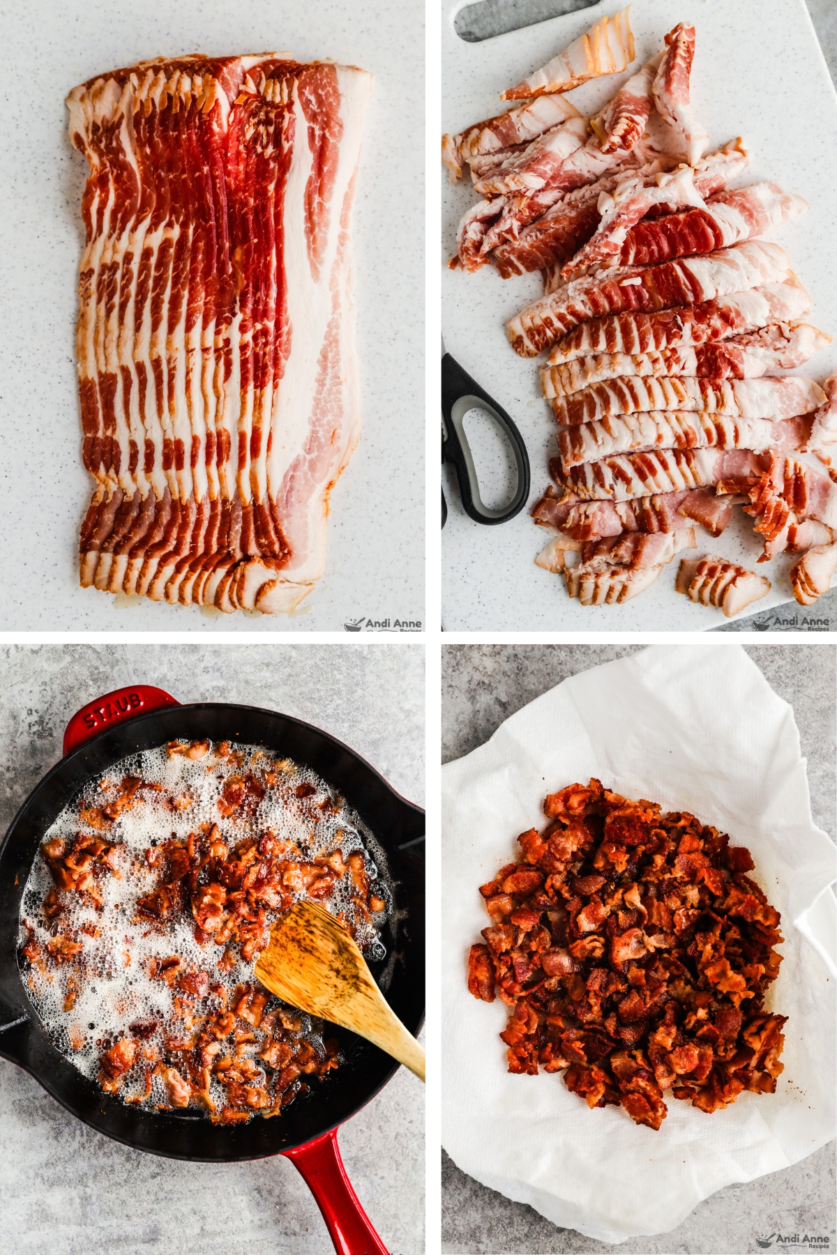 Four images grouped, first is raw bacon strips, second is chunks of bacon pieces, third is bacon pieces cooking in frying pan, fourth is cooked crispy bacon pieces on paper towel.