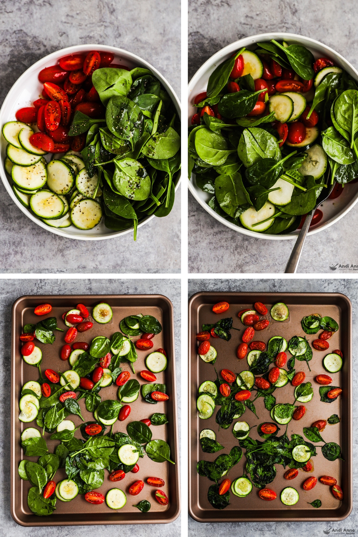 Four images grouped together, first two are bowls with tomatoes, sliced zucchini and baby spinach, unmixed then mixed with oil, salt and pepper. Last two are veggies spread on baking sheet uncooked then cooked.