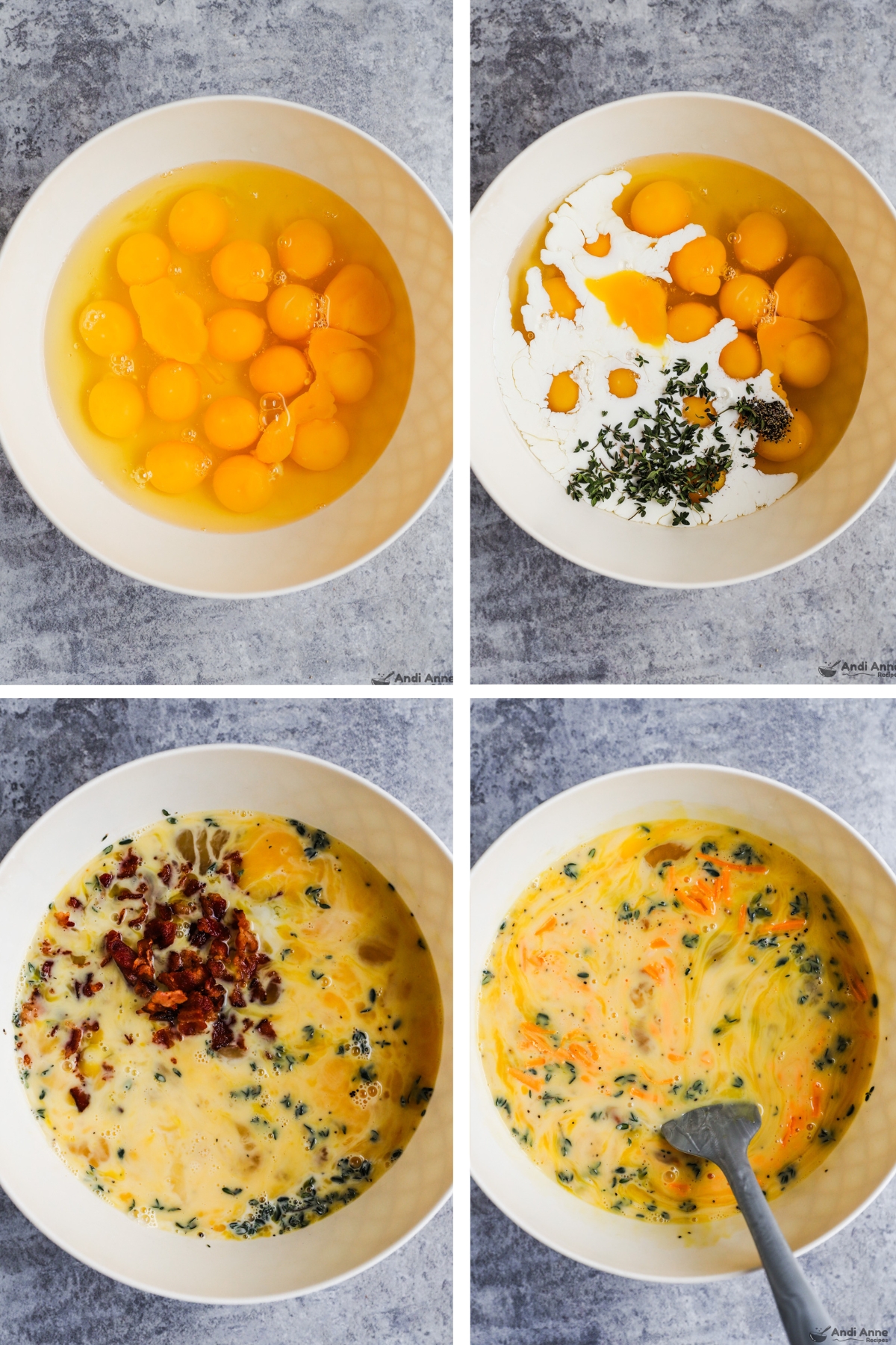 Four images grouped, first is 18 eggs in. large bowl, second has cream and thyme added, third and fourth are ingredients all mixed with bacon and cheese.