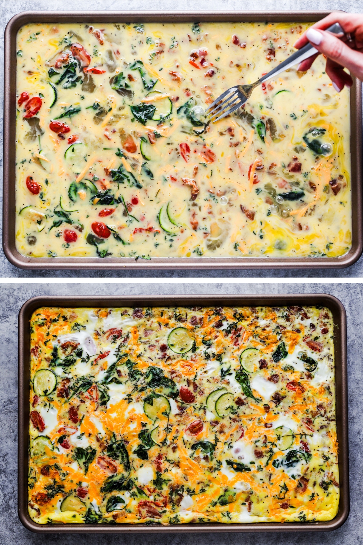 Two images of a sheet pan frittata, first unbaked in baking sheet, then it's baked.