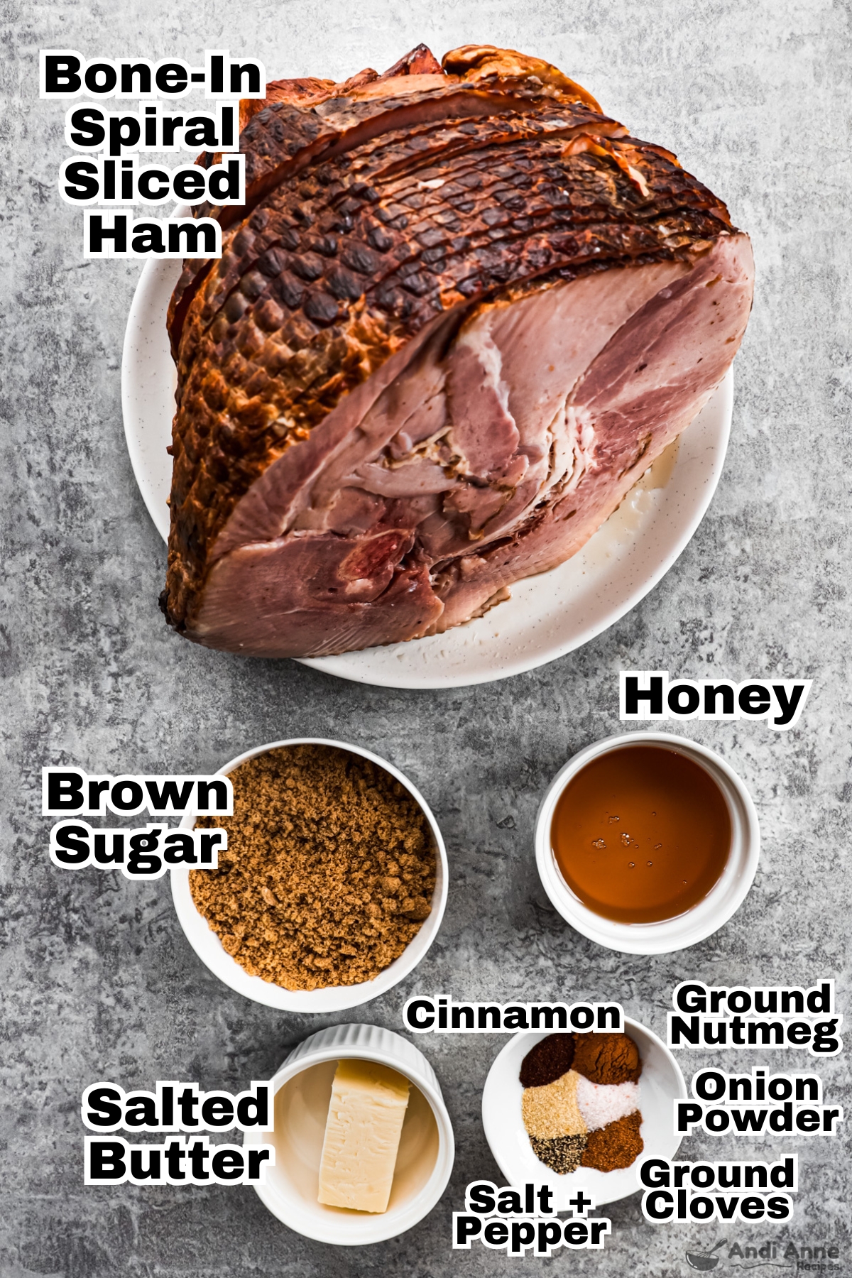 A spiral sliced ham, and bowls of brown sugar, honey, butter, and spices