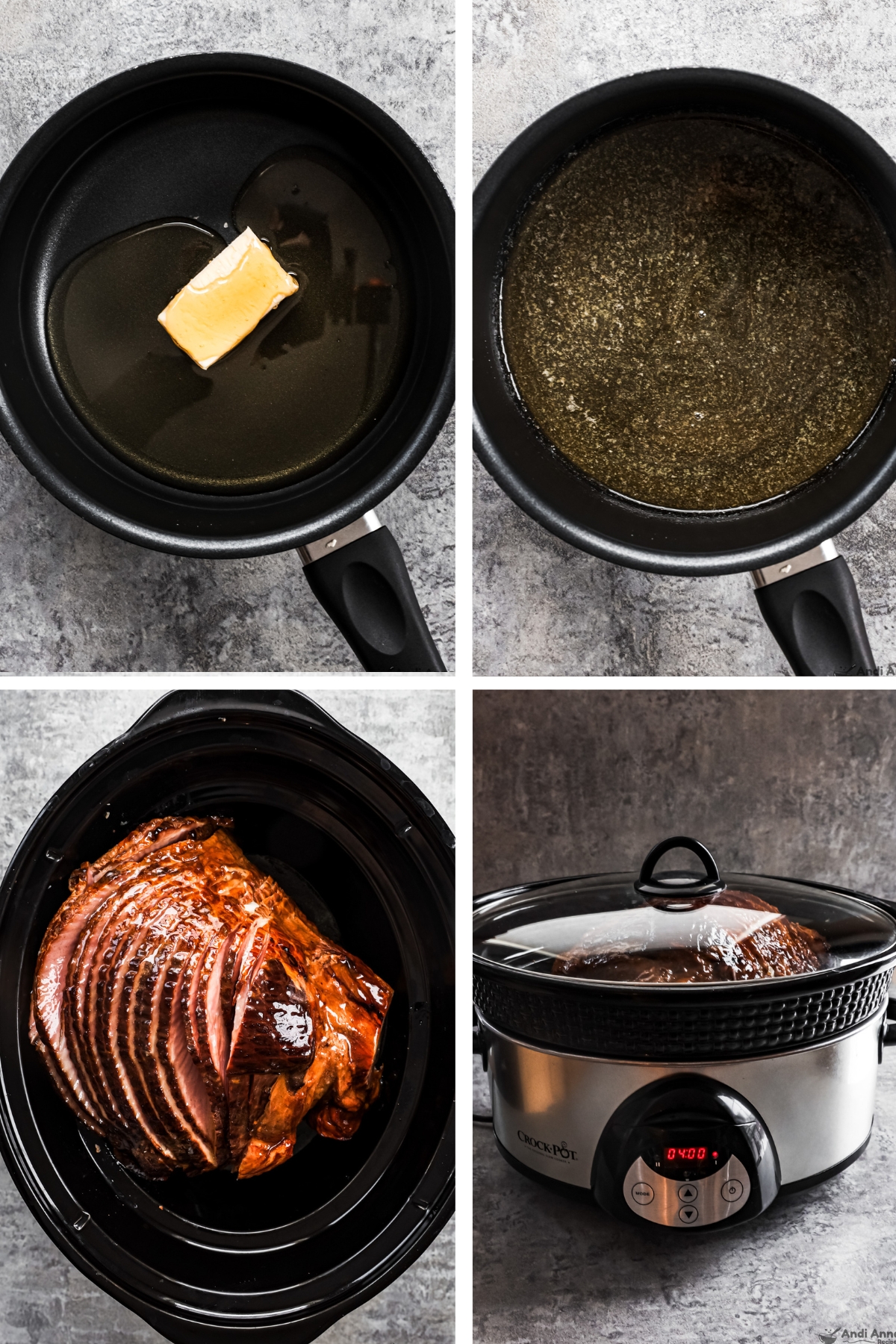 Four images grouped, first two of a sauce pan with a stick of butter then melted, third a spiral ham in a slow cooker looking down into the pot. Last is looking at the slow cooker.