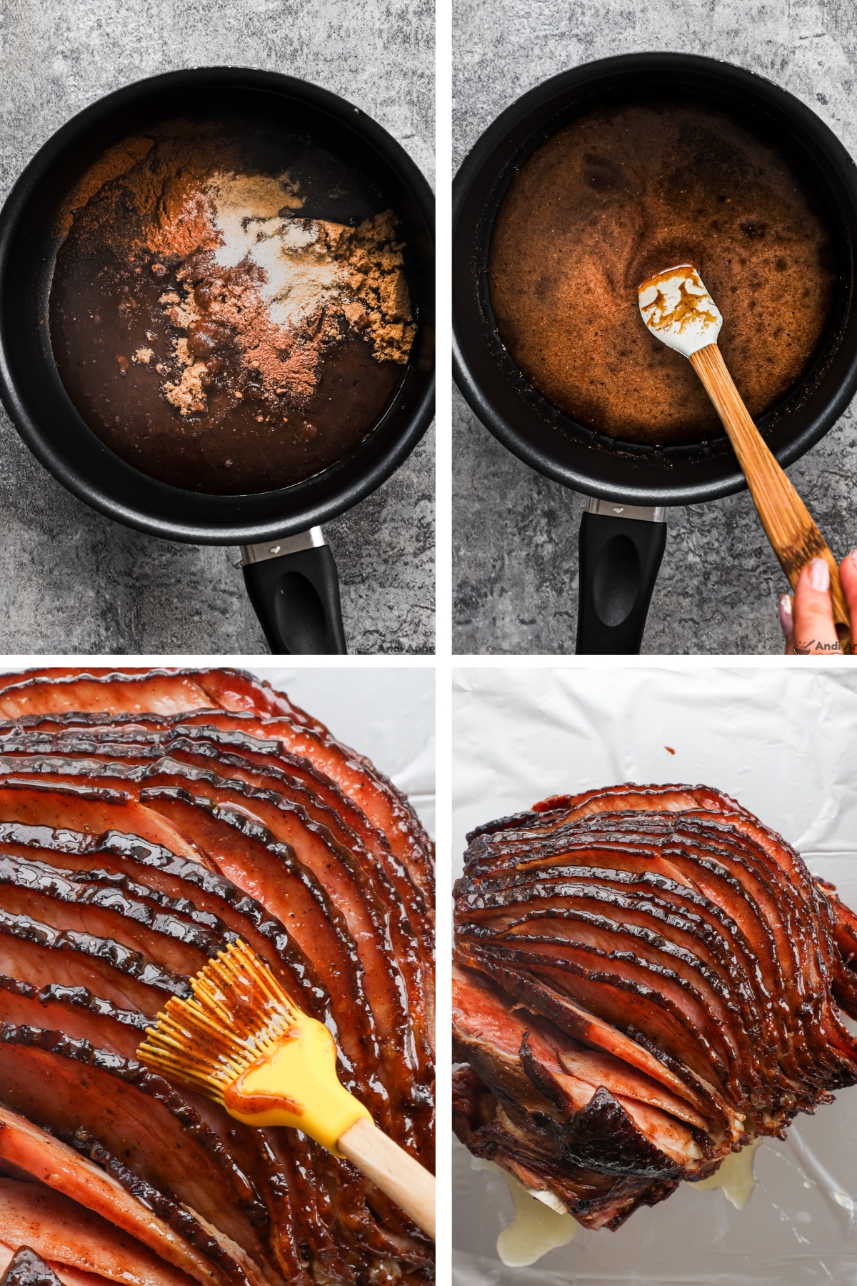 Four images grouped, first two are saucepan with spices dumped in unmixed, second is melted liquid and spatula, third and fourth are spiral ham coated with glaze and a silicon brush spreading glaze on