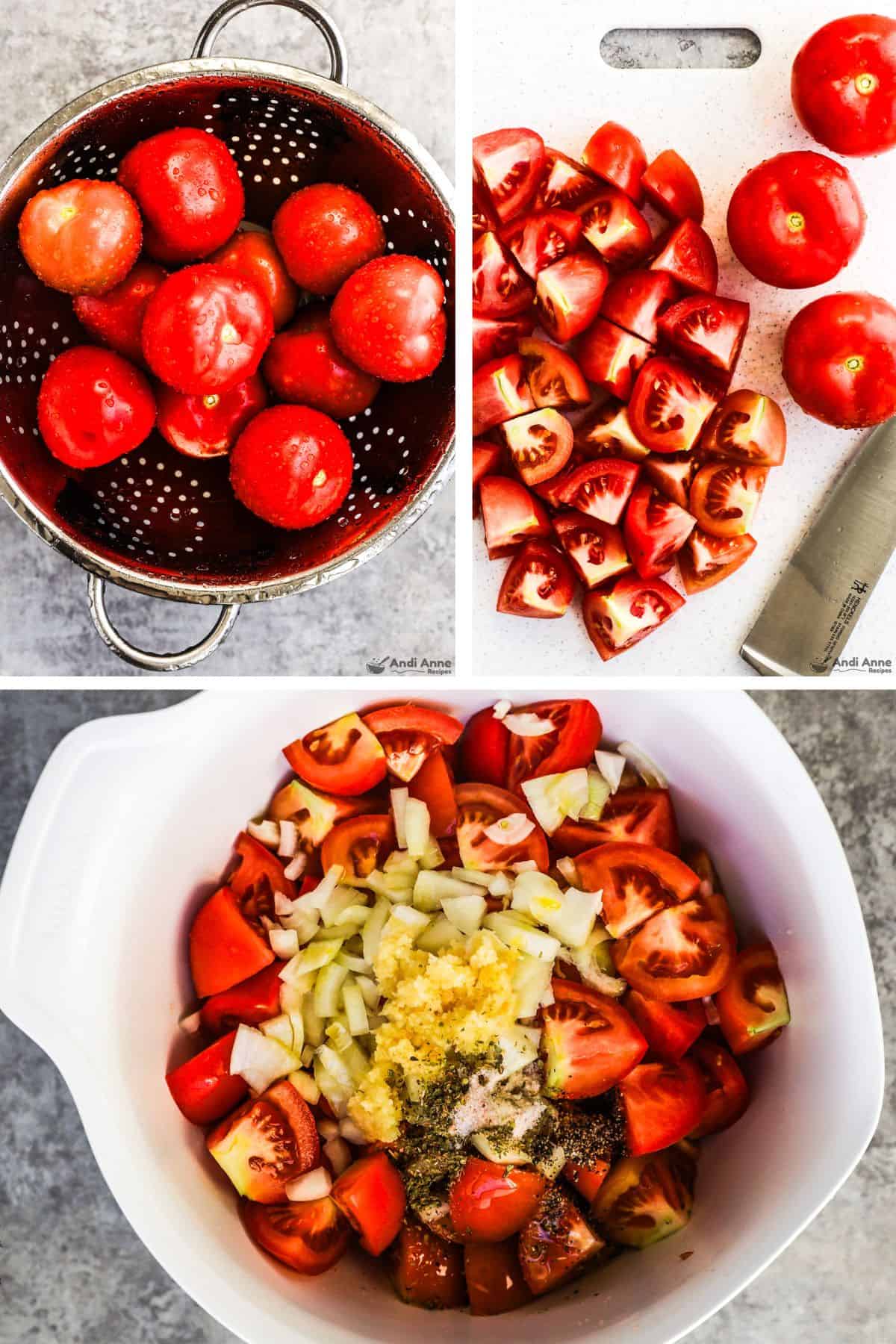 Three images grouped, first is tomatoes in strainer, second is chopped tomatoes on cutting board, third is bowl of chopped tomatoes with onion, garlic and oil dumped on top