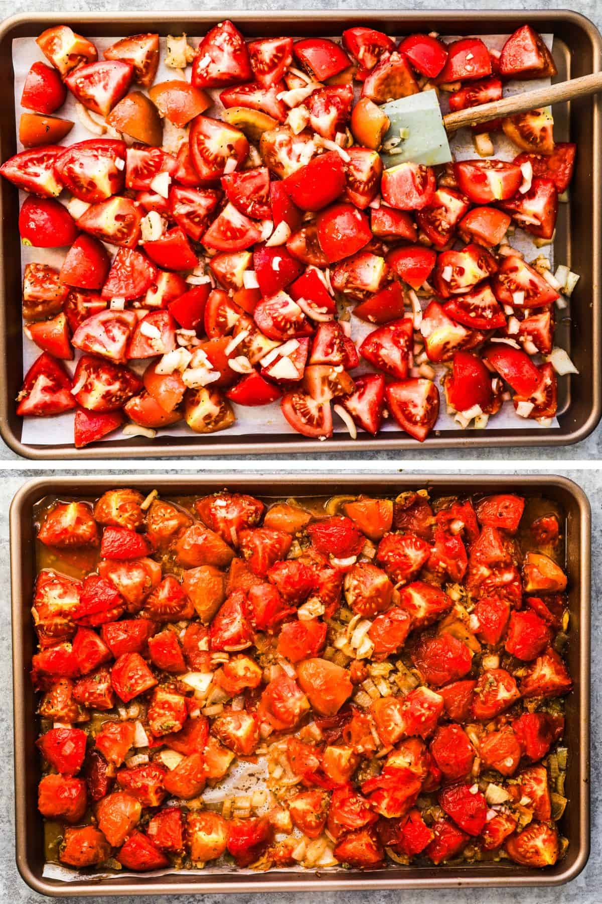 Two images of baking sheet with chopped tomatoes, onion and garlic first uncooked then cooked