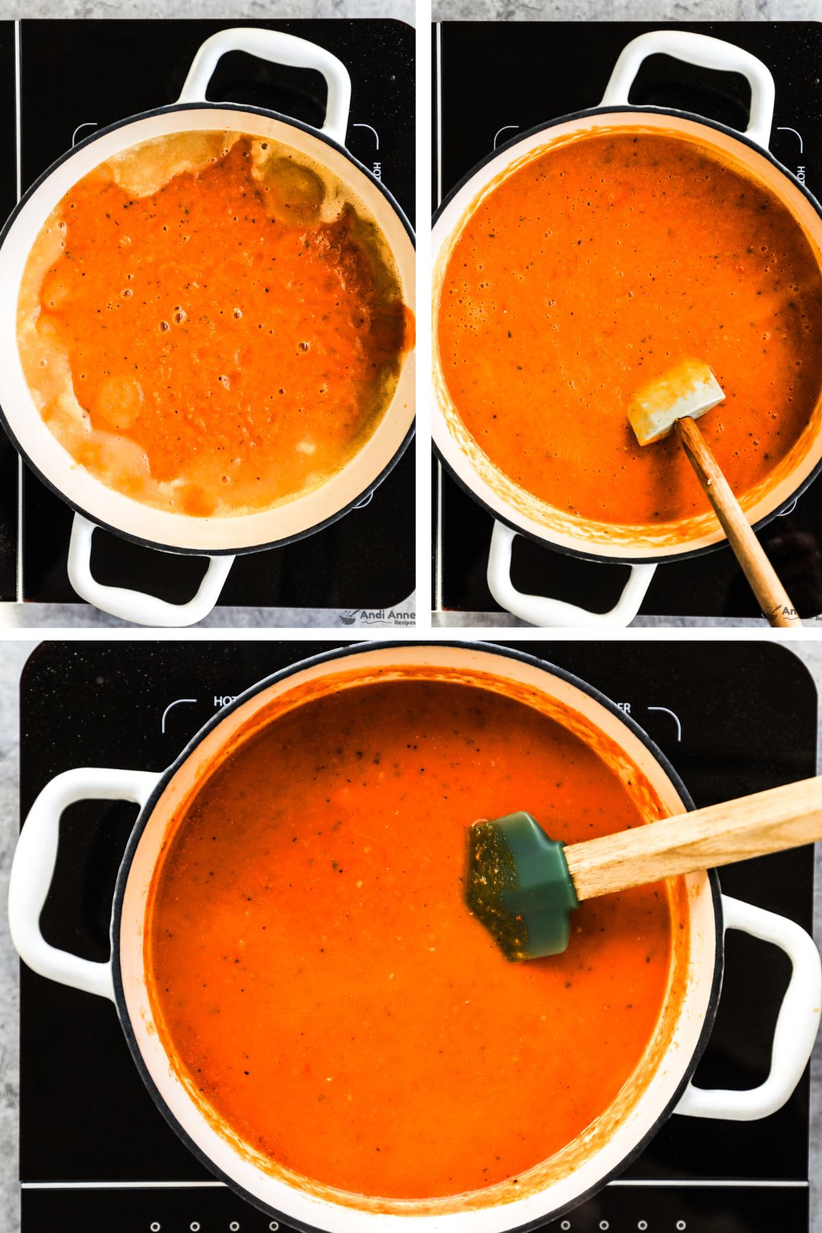 Three images of a pot, first with pureed soup and cream dumped in, second mixed, third a little darker orange after simmering