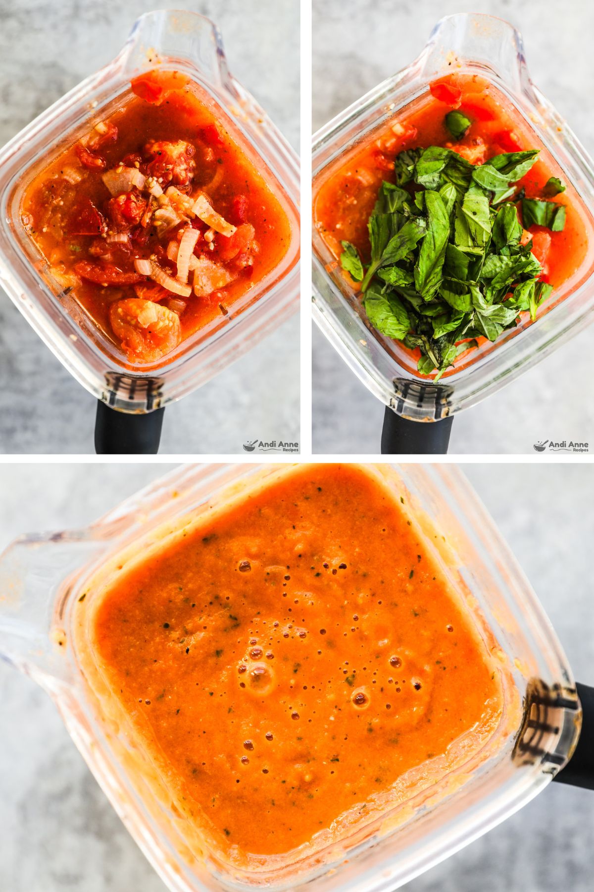 Looking into a blender cup, first with roasted tomatoes and liquid, second with basil on top, third with pureed tomato soup