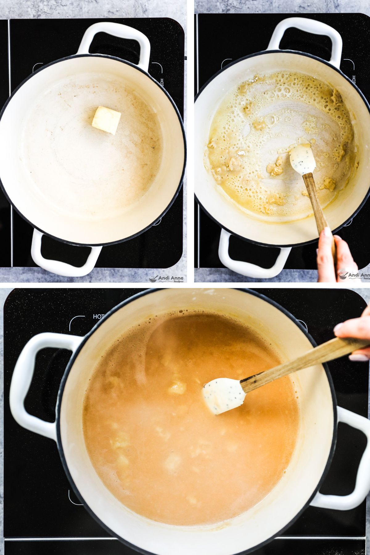 Three images grouped, first with chopped butter in pot, second with melted butter in pot, third with broth added