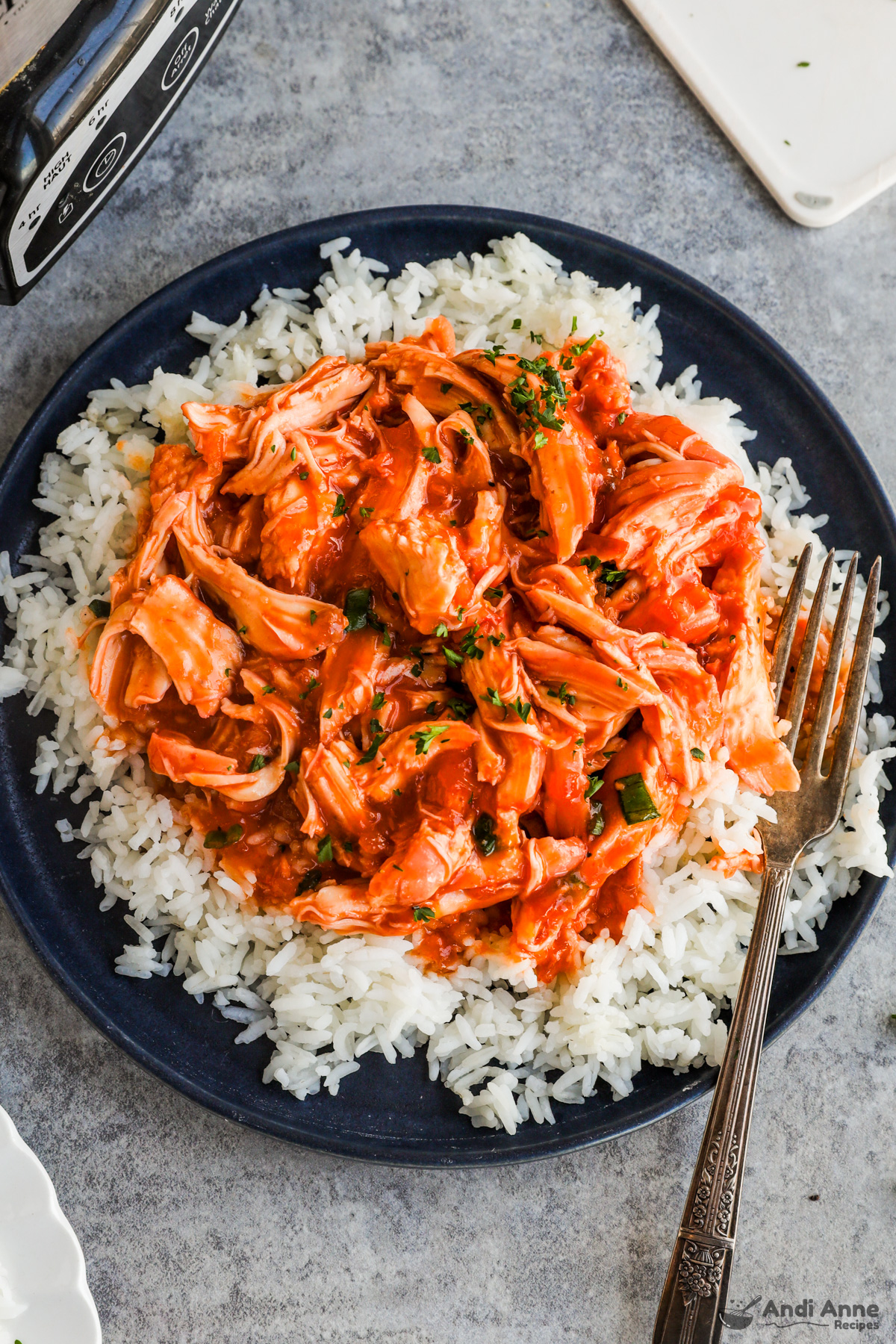 Shredded chicken in red sauce over rice on a plate with a fork