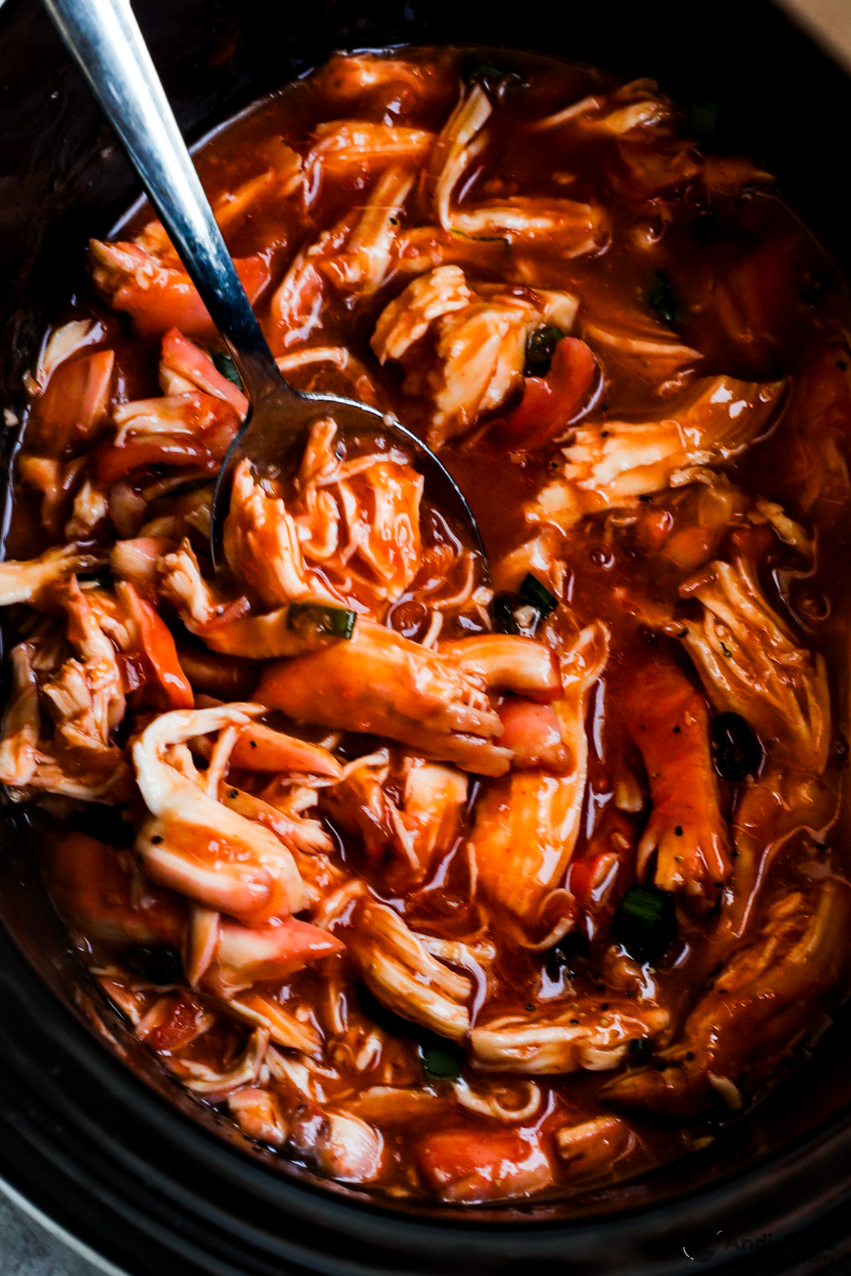 A spoon in shredded chicken in sauce