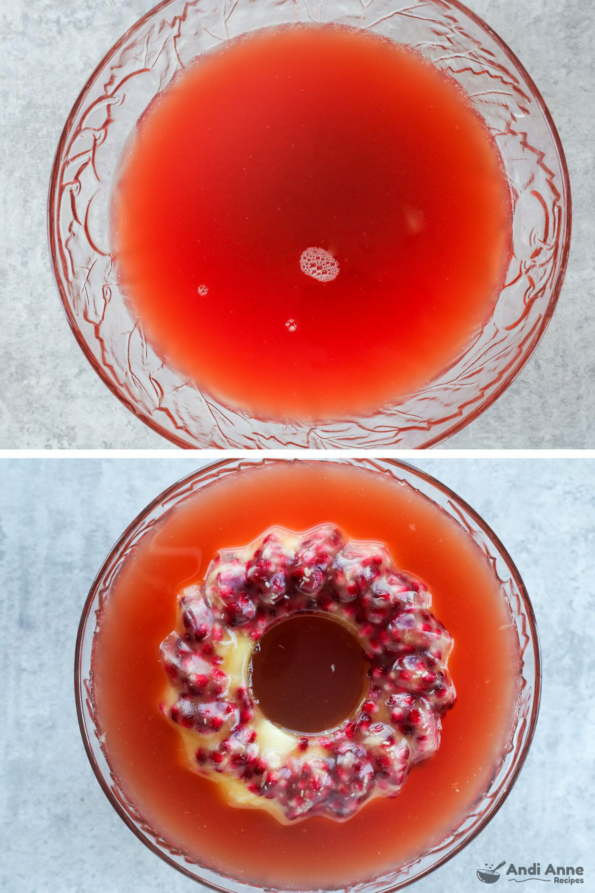 A large punch bowl first with just the punch liquid, then the ice cube added to the center.