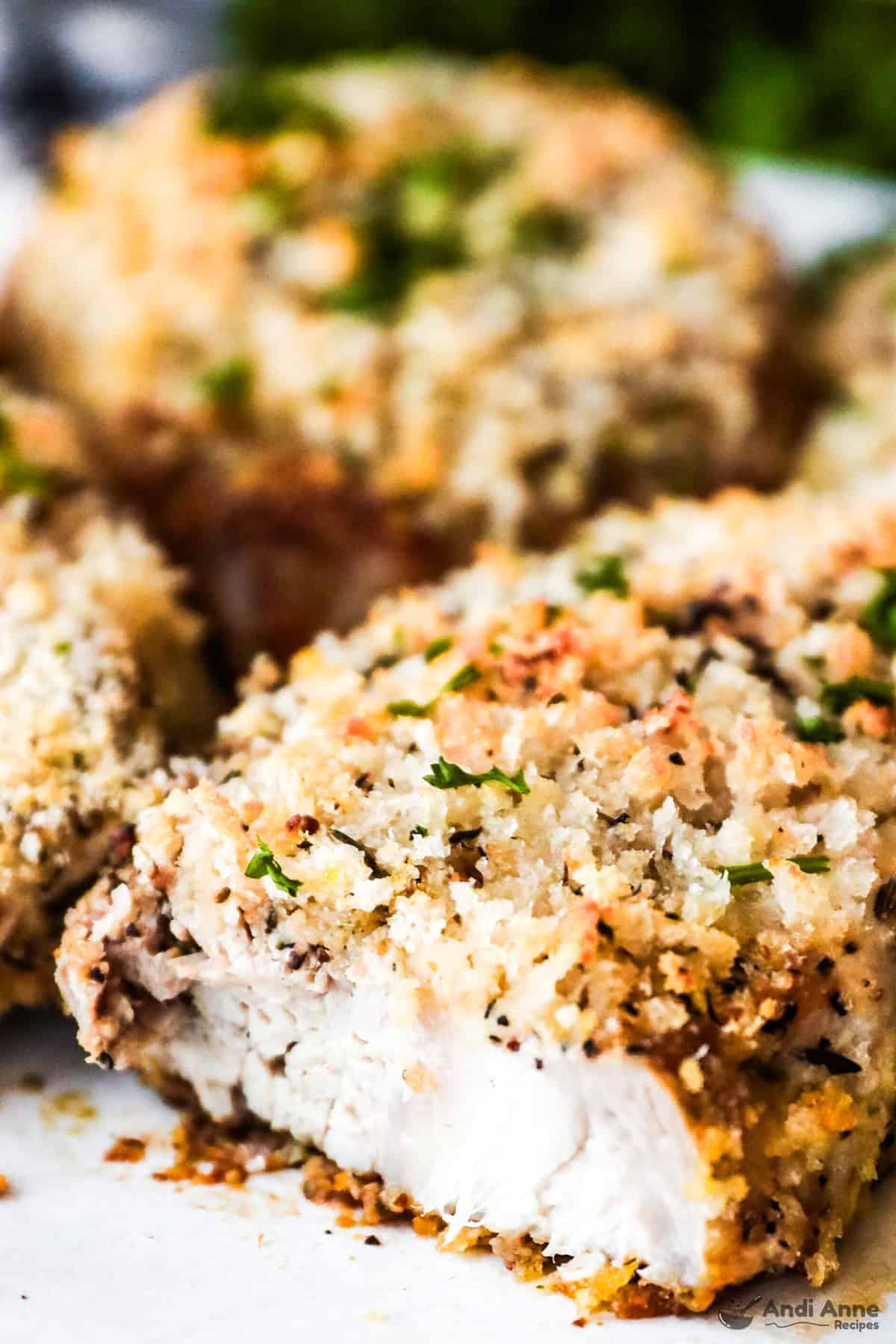 Close up of a slice of breaded pork chops