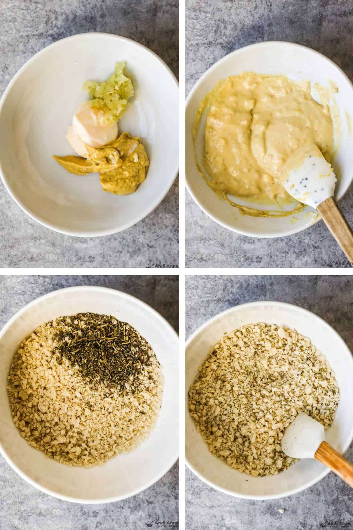 Four images grouped together, first two are a bowl with mayo, dijon mustard and minced garlic first unmixed then mixed. Last two are breadcrumbs and italian seasoning first unmixed then mixed.