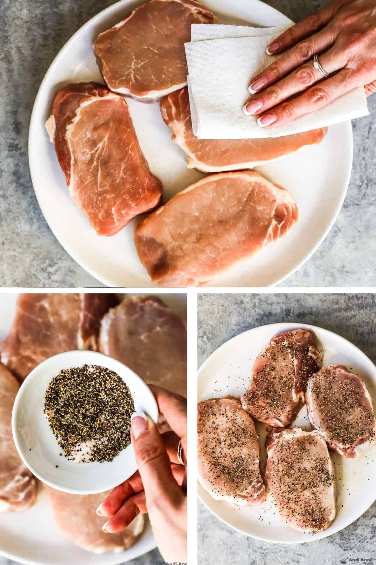 Three images grouped together, first is plate of raw pork chops, second is bowl of salt and pepper, and third is seasoned raw pork chops on plate.