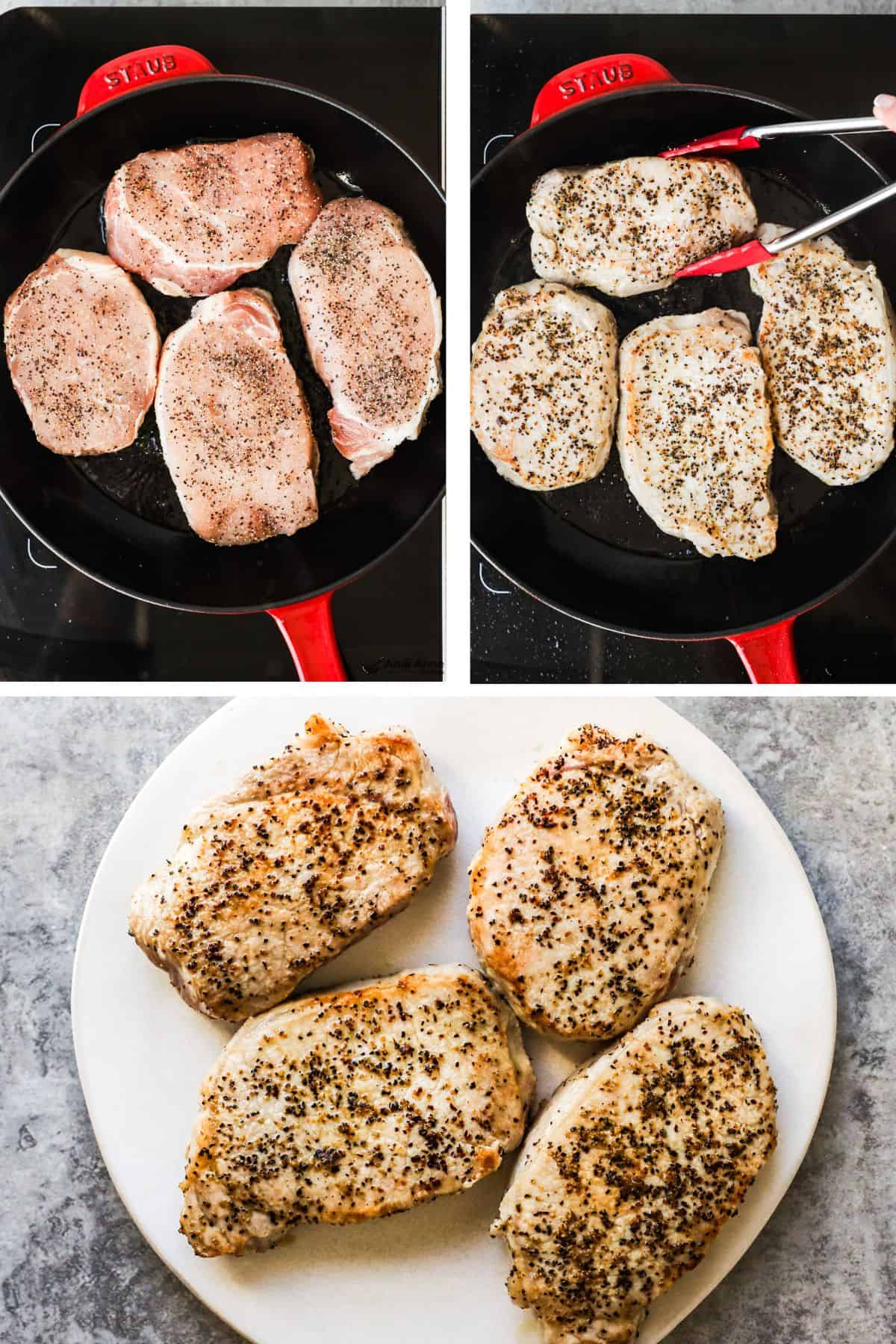 Three images grouped, first two are frying pan with raw seasoned pork chops then cooked seasoned pork chops. Last is plate with cooked pork chops.