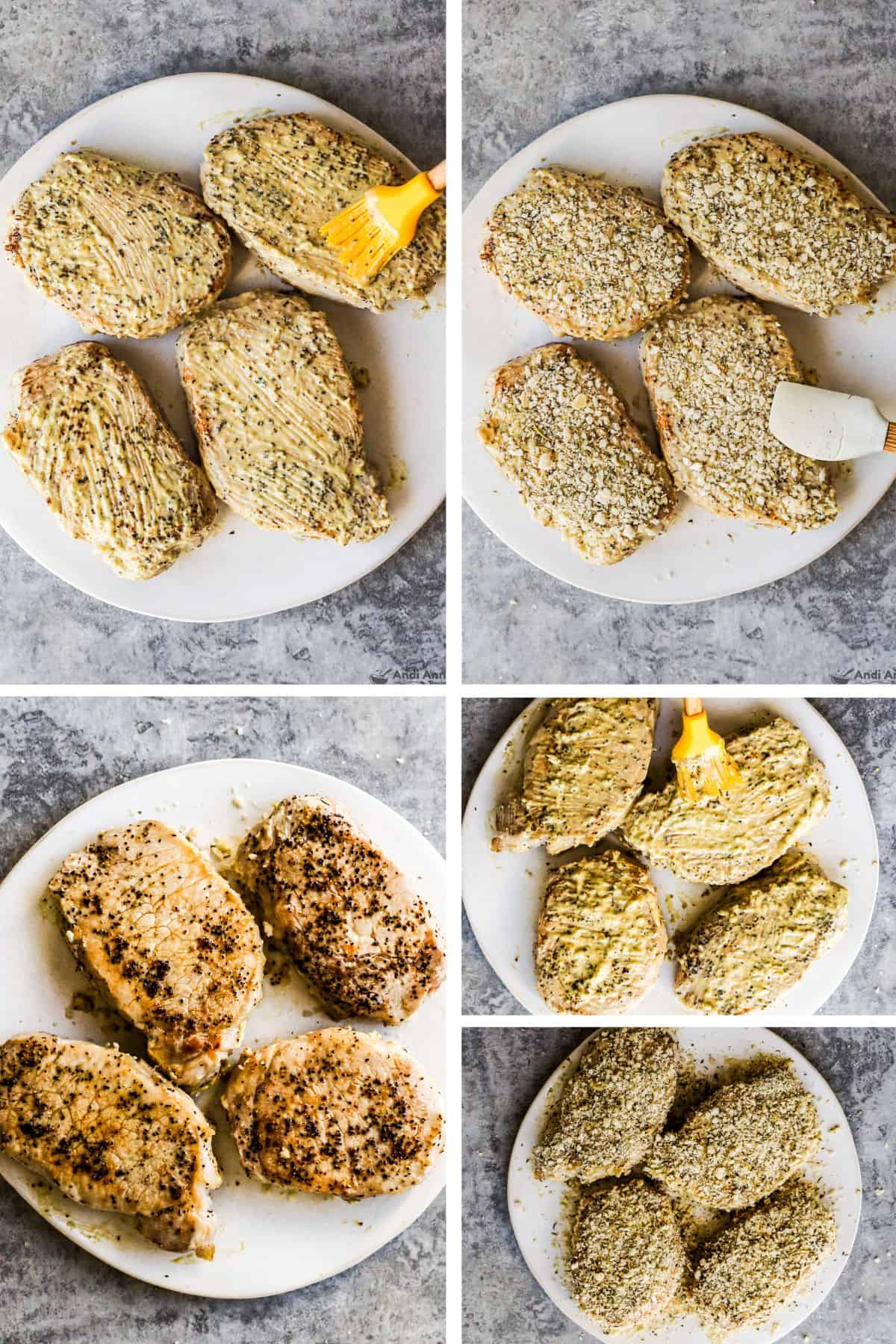 Four images grouped together, first is pork chops on plate brushed with dijon sauce. Second is breaded pork chops on plate. third is cooked pork chops, and last are sauce and breaded pork chops