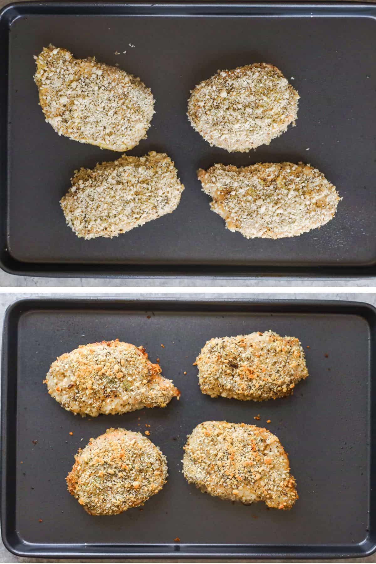 Two images grouped, first is baking sheet with breaded pork chops uncooked, second is cooked pork chops.