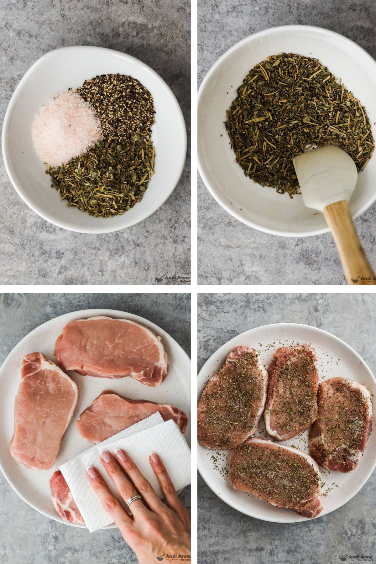 Four images grouped together first two are bowls with spices unmixed then mixed, second is raw pork chops with hand and paper towel, last is pork chops with spice mix rubbed into them