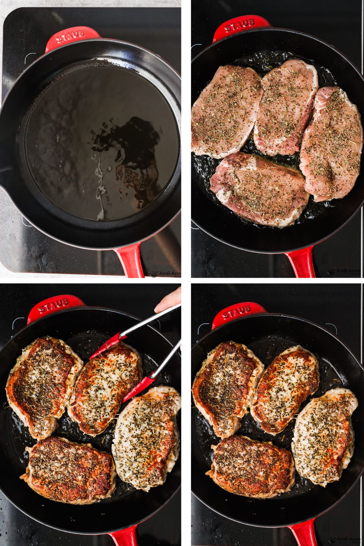 Four images grouped, first is frying pan with oil, second is raw pork chops with spices in pan, third and fourth is cooked pork chops in pan