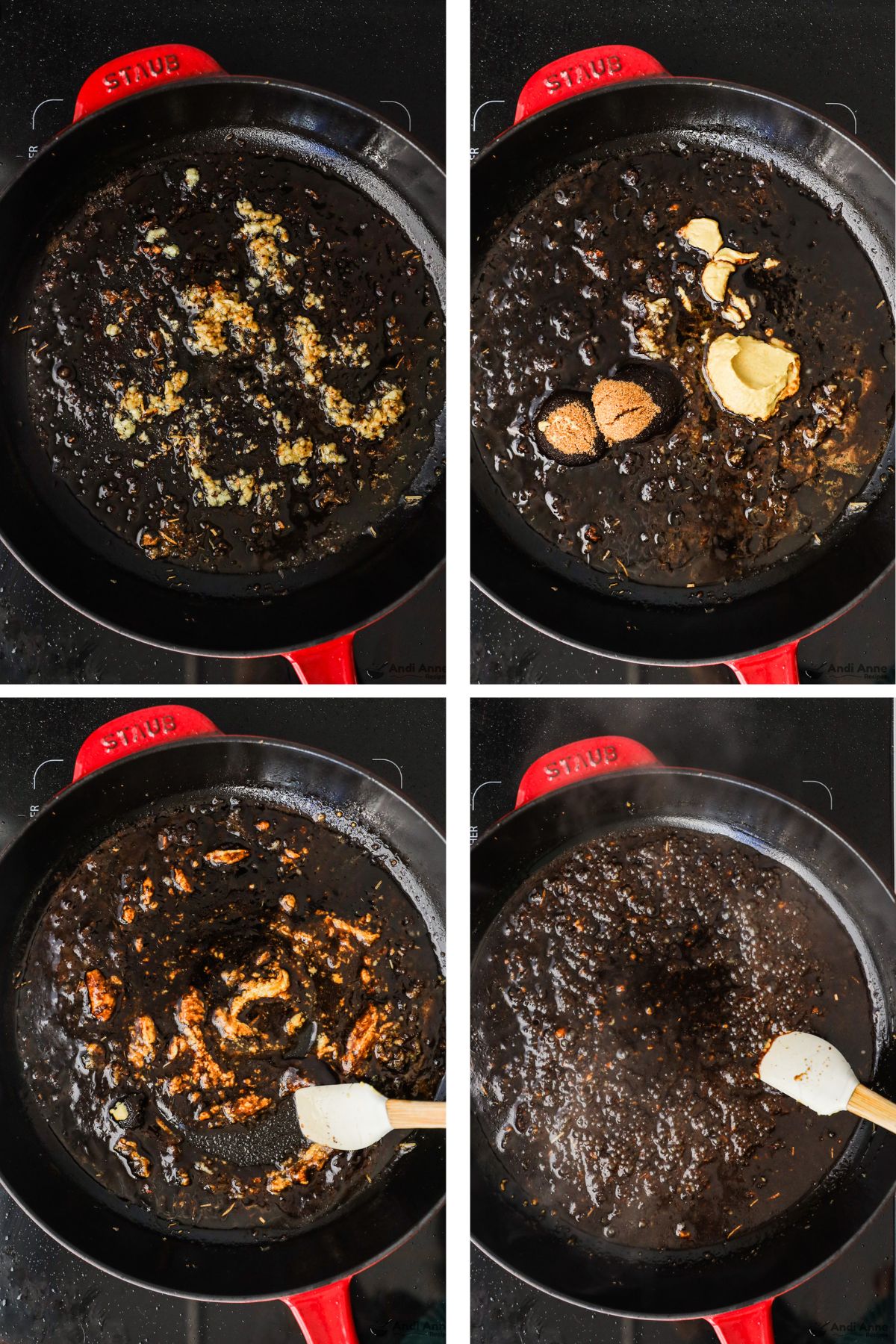 Four images grouped of a skillet, first has oil and minced garlic, second has dijon, brown sugar, and balsamic. third and fourth are sauce thickening