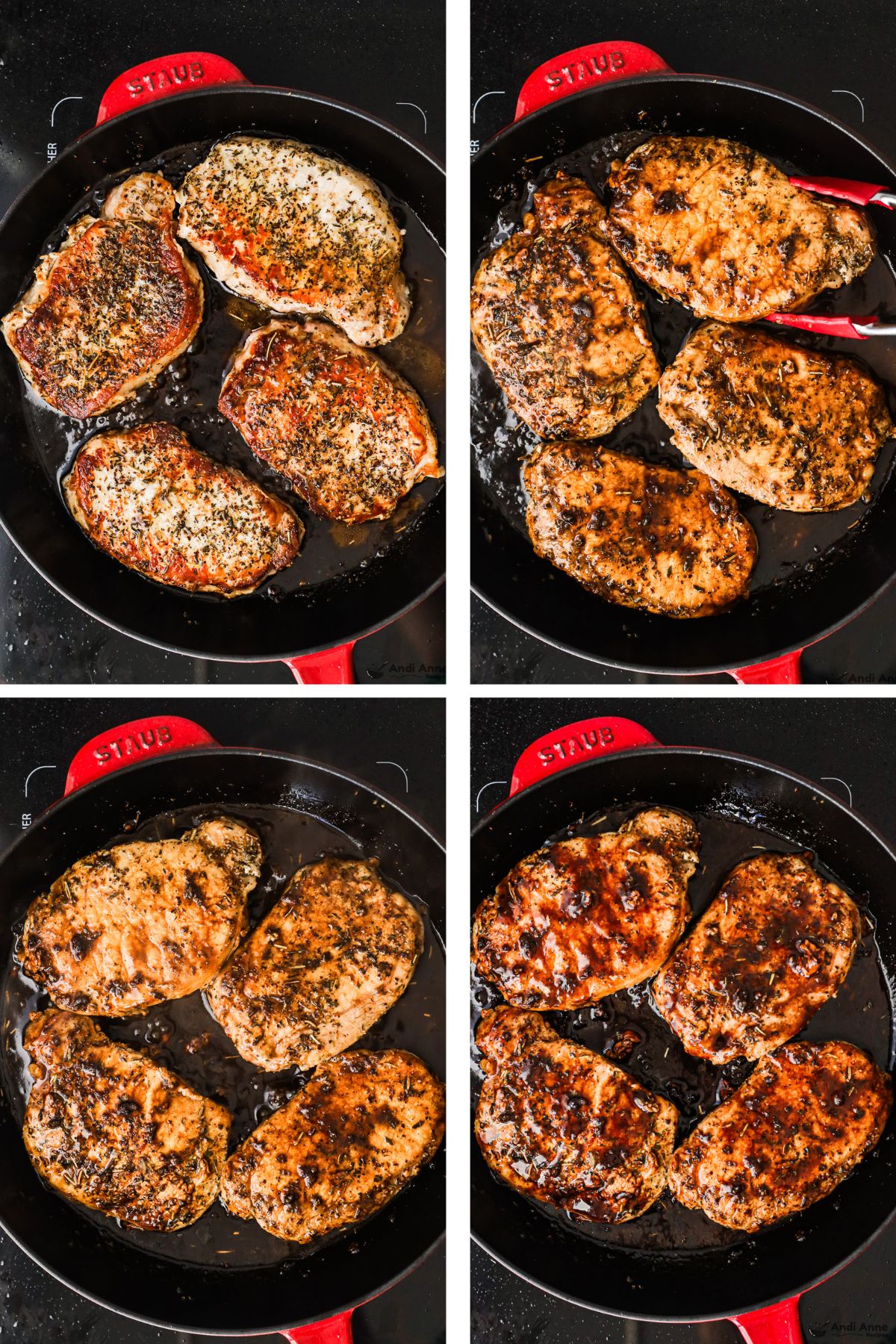 four images grouped of a skillet with pork chops, first seared, second iwth sauce added, third flipped pork chops, fourth with sauce drizzled on pork chops