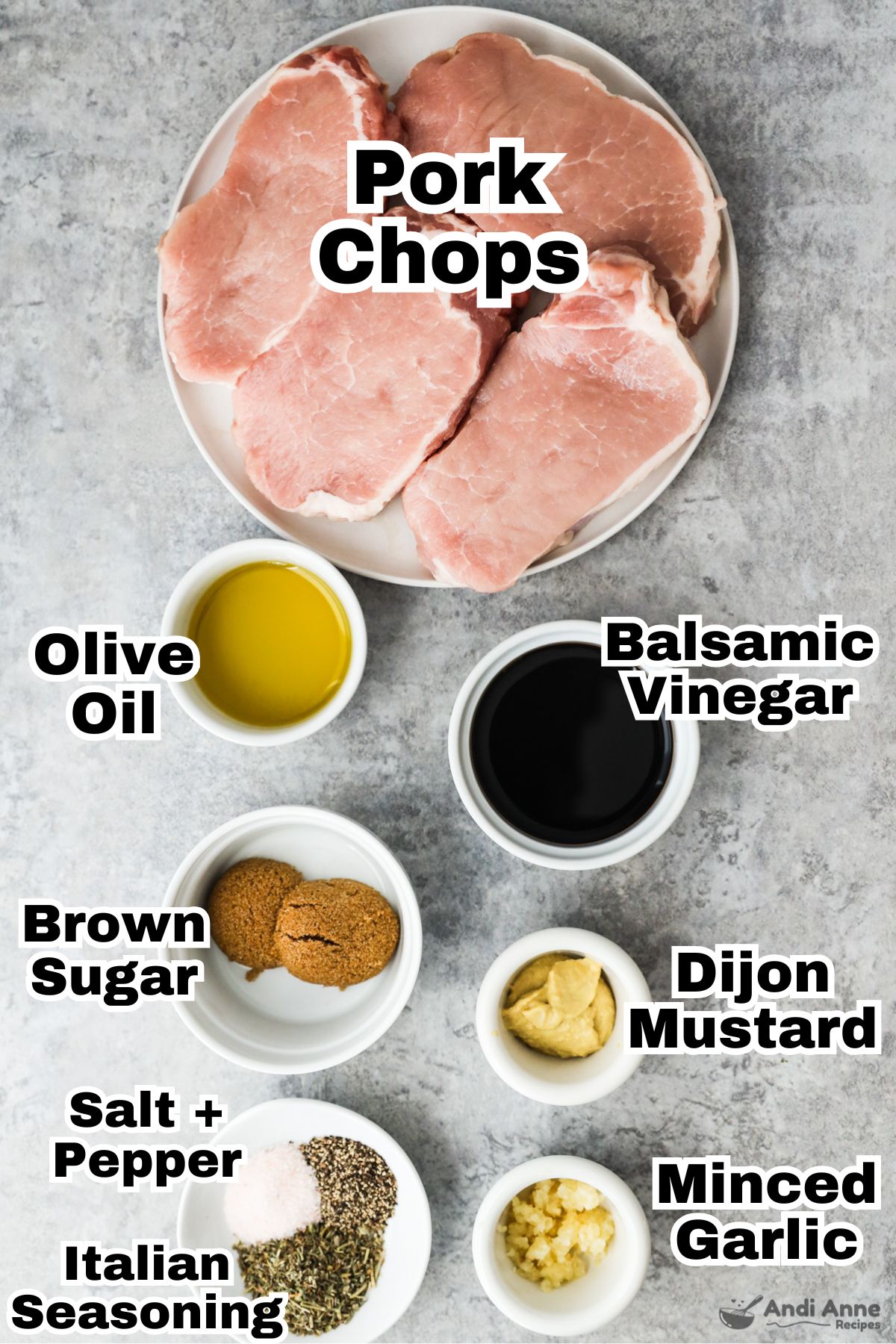 Recipe ingredients in bowls including raw pork chops, bowls of olive oil, balsamic vinegar, brown sugar, dijon, minced garlic, and spices