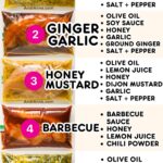 Image of 6 different chicken marinades with their titles and ingredients listed beside each one, including ginger galric, honey mustard, barbecue, basil balsamic and more.