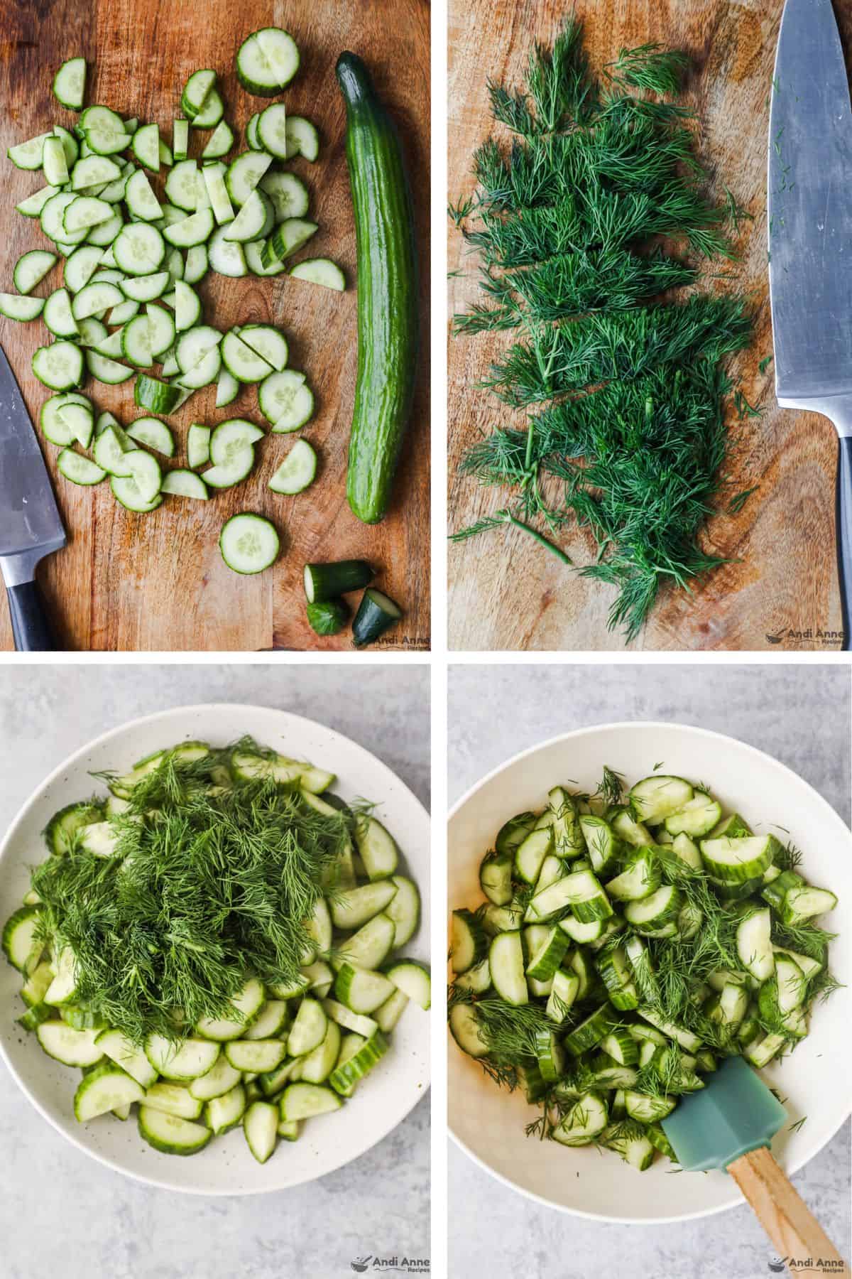 four images: chopped cucumber, chopped dill, cucumber and dill in a bowl