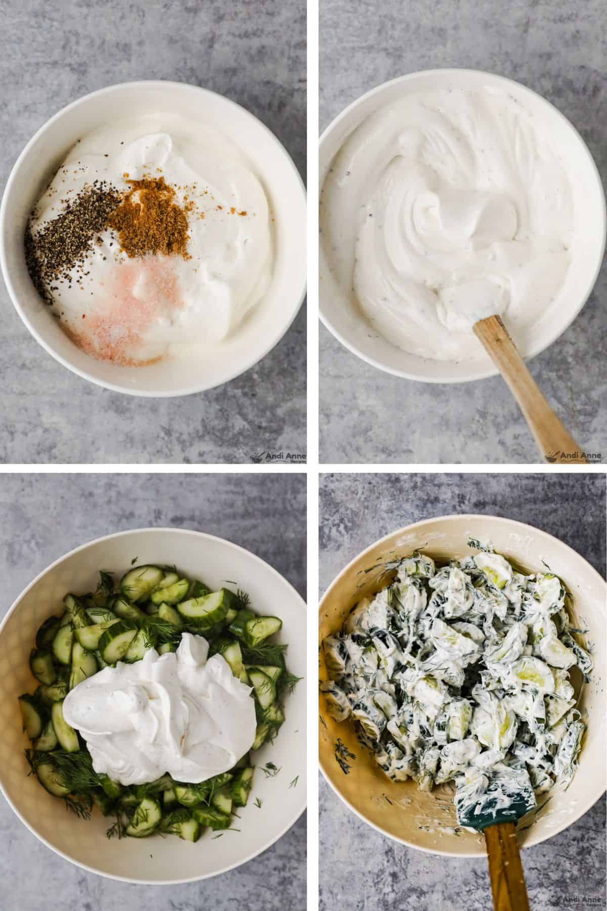 Bowl with cream and spices unmixed then mixed, bowl of cucumber and dill with sour cream mixture on top then mixed together