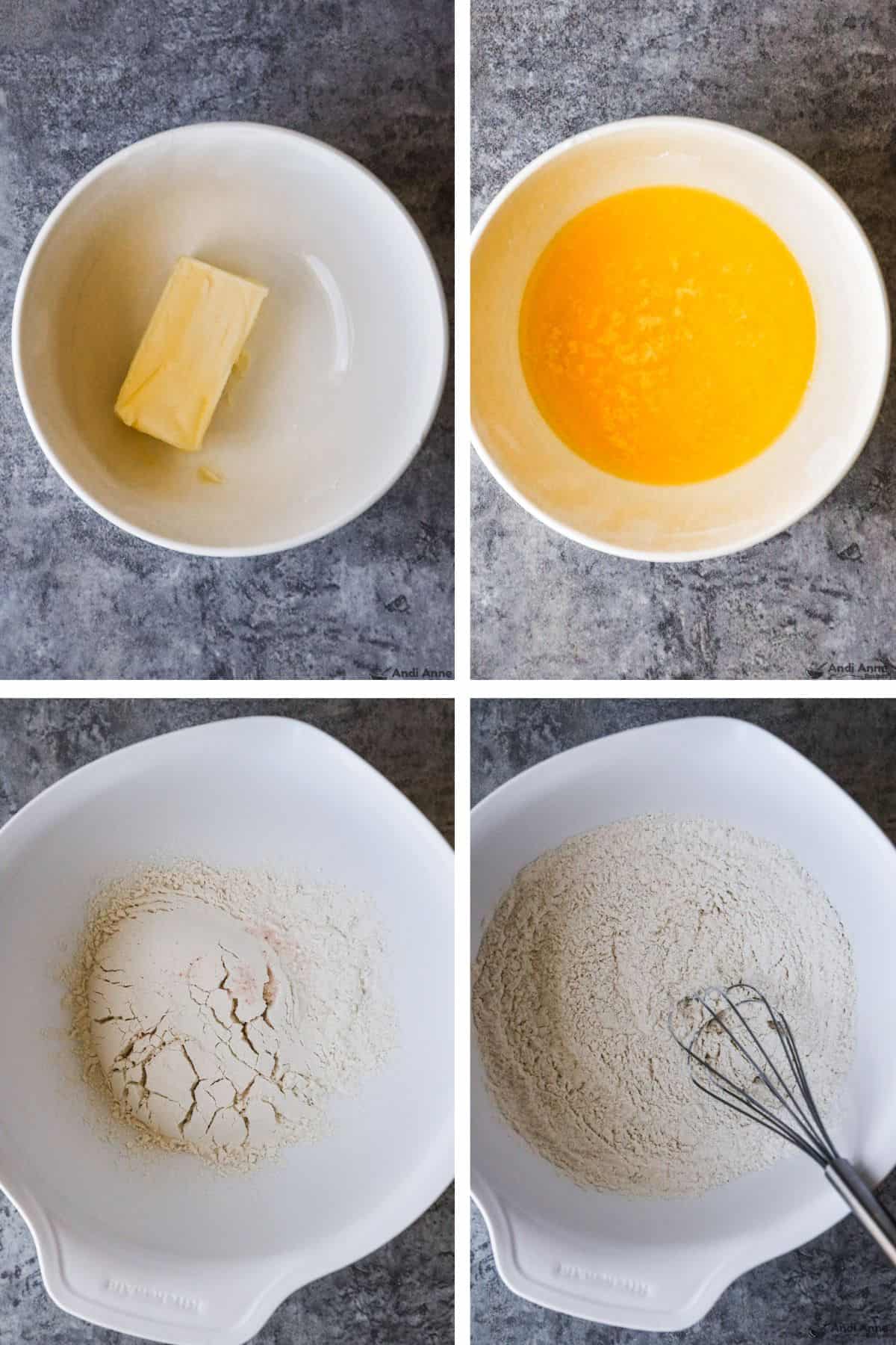 Four images - first a stick of butter in a bowl, second melted bowl of butter, third dry ingredients in a bowl, fourth dry ingredients mixed with a whisk in a bowl
