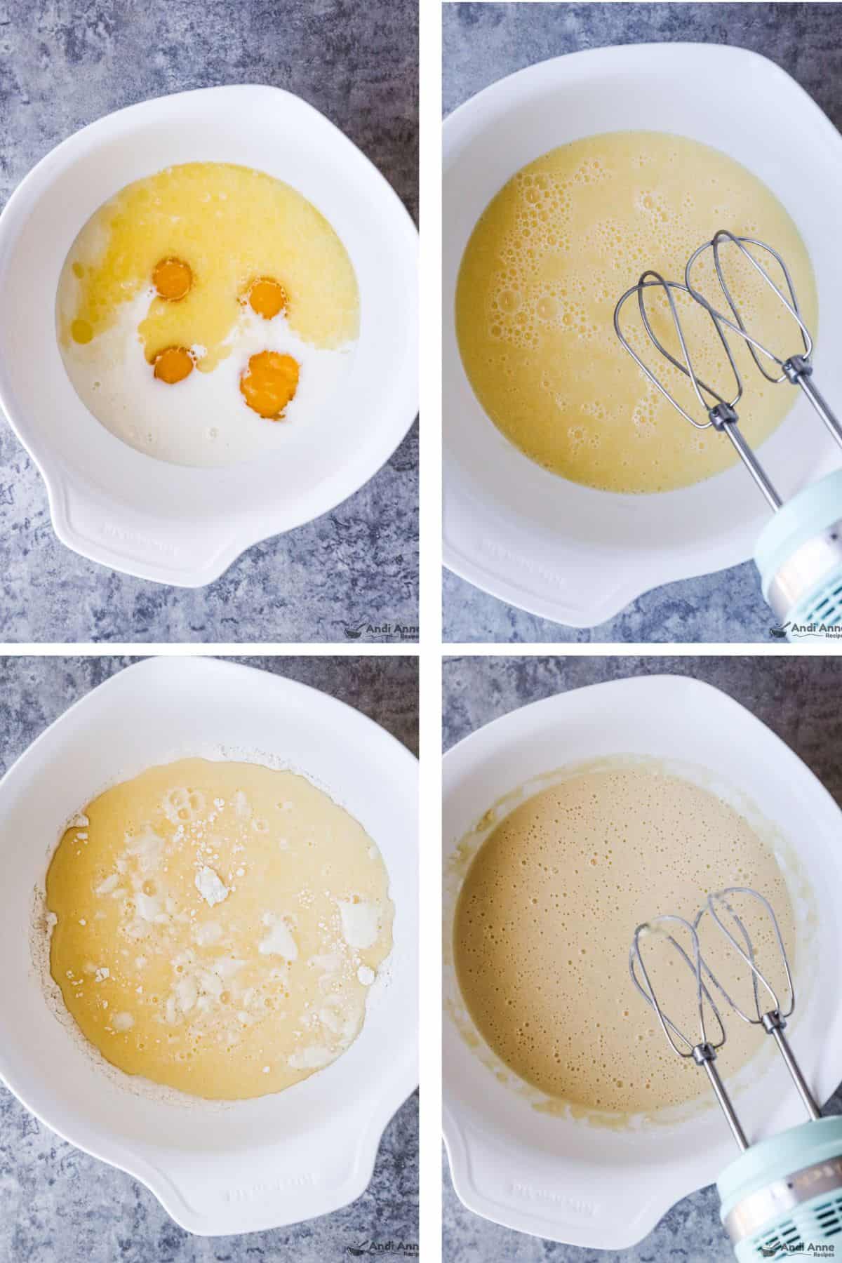 Four images grouped, first a bowl with liquid ingredients and eggs, sencond eggs beaten in, third the dry ingredients dumped in, fourth the final liquid crepe batter