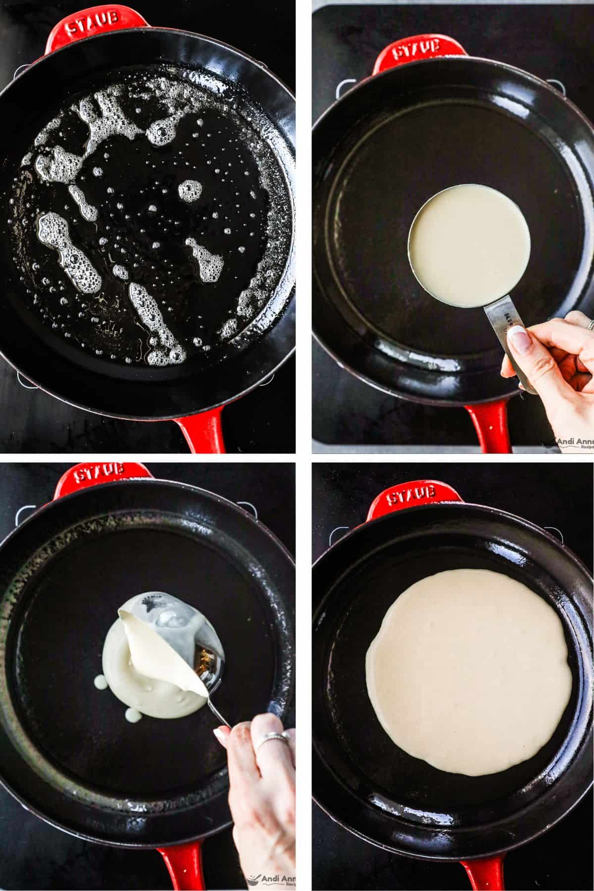 Four images of a skillet and the various stages of pouring in crepe batter