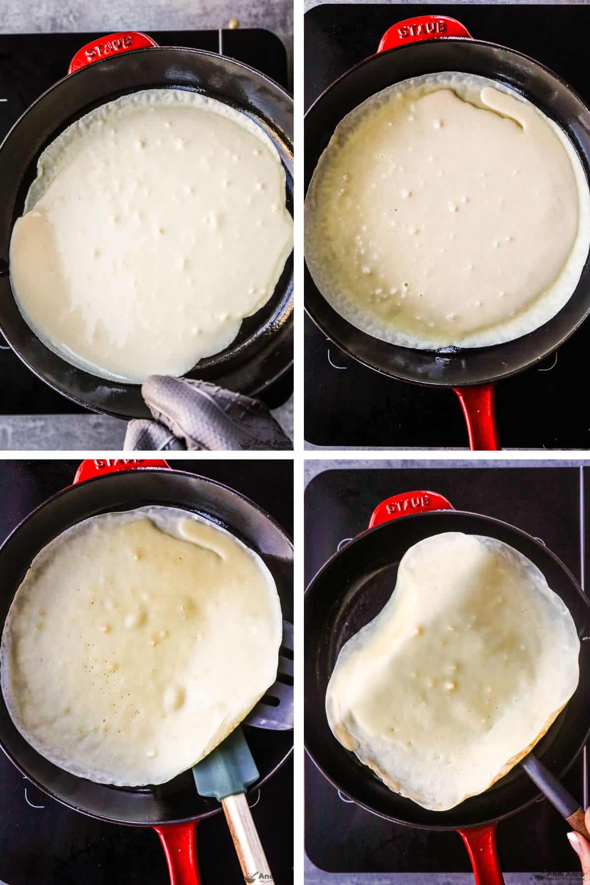 Four images and the various stages of crepes cooking in skillet