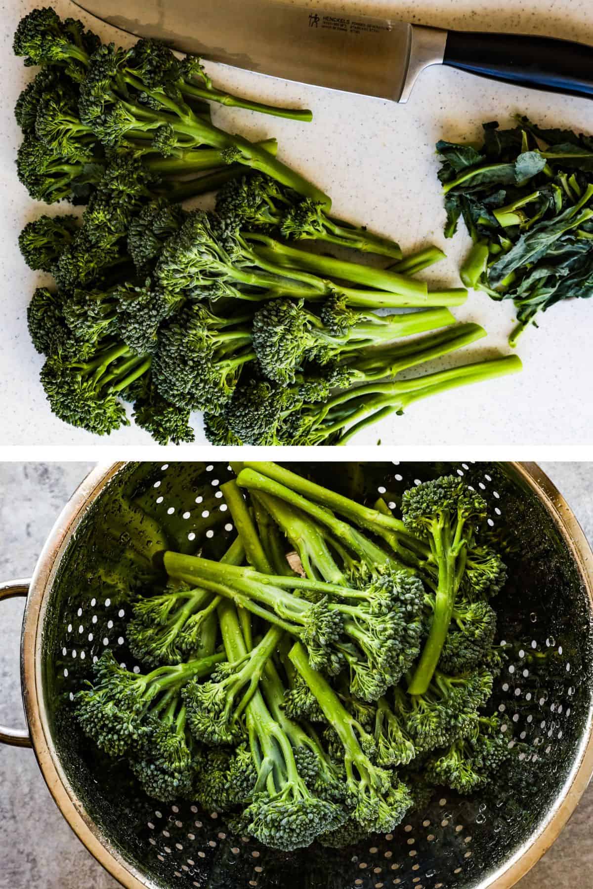 Raw broccolini on the counter and some broccolini in a strainer