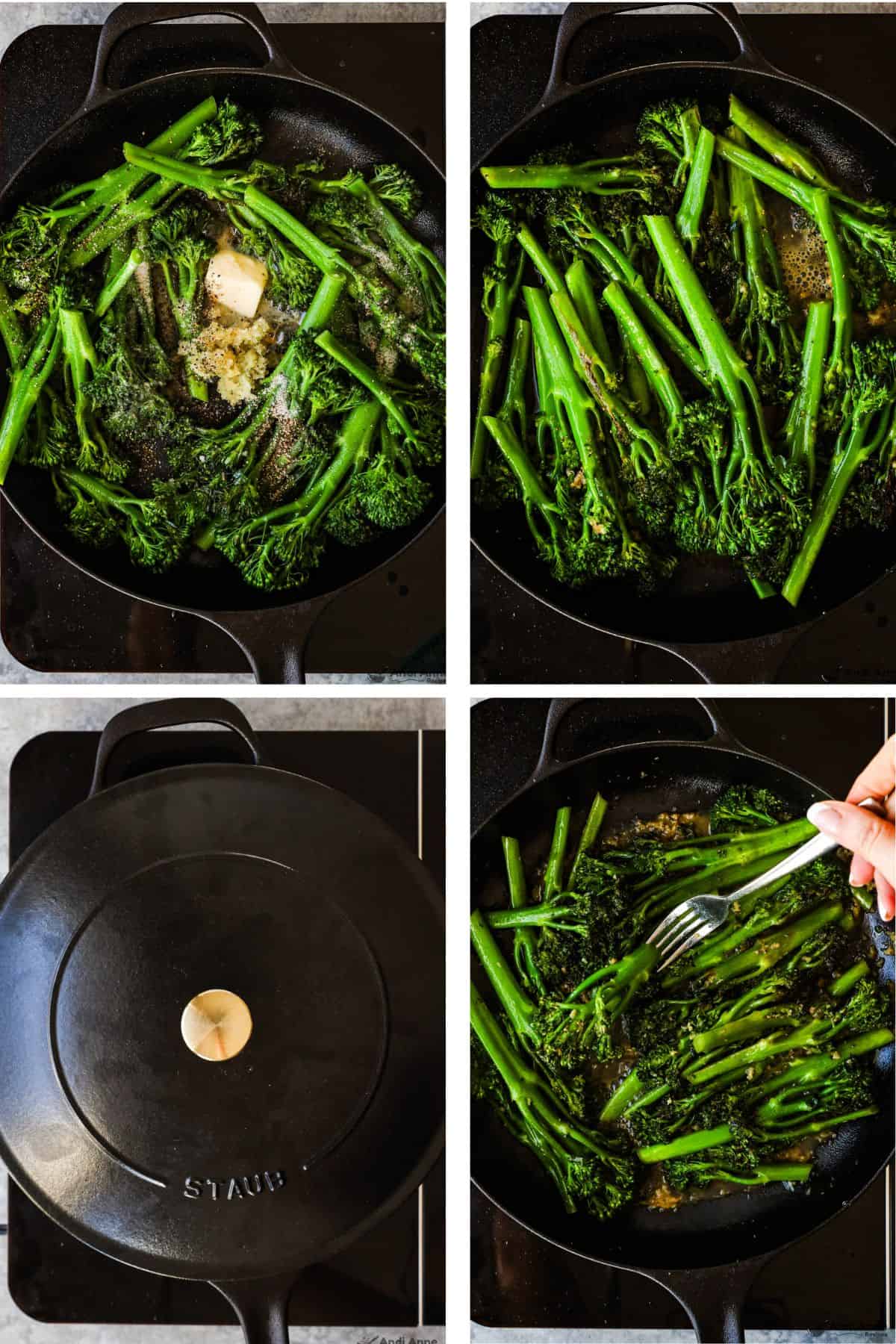 Four images of a skillet grouped, first with butter, minced garlic and spices dumped over broccolini, second with ingredient mixed together, third with a lid, fourth with a fork poking the broccolini