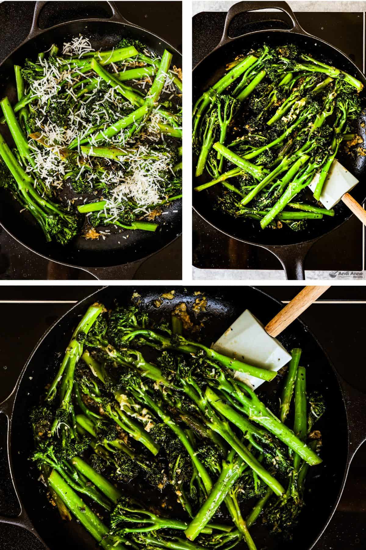 Three images grouped of a skillet, first with shredded parmesan over broccolini, second with broccolini mixed together, last image with final sauteed broccolini and spatula