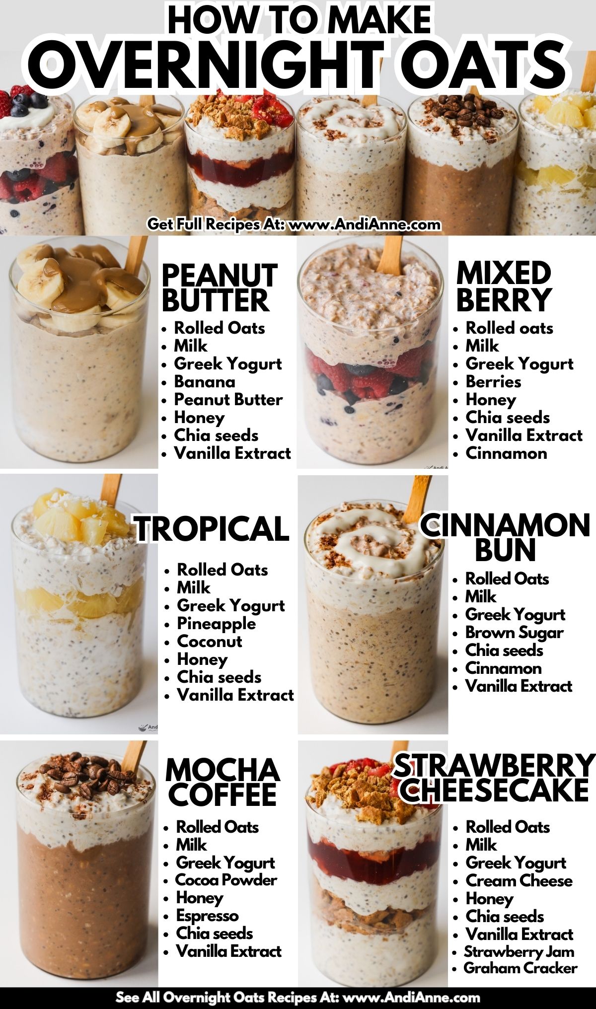 Six different overnight oat flavors including ingredients written beside each. Flavors are peanut butter, mixed berry, tropical, cinnamon bun, mocha coffee and strawberry cheesecake