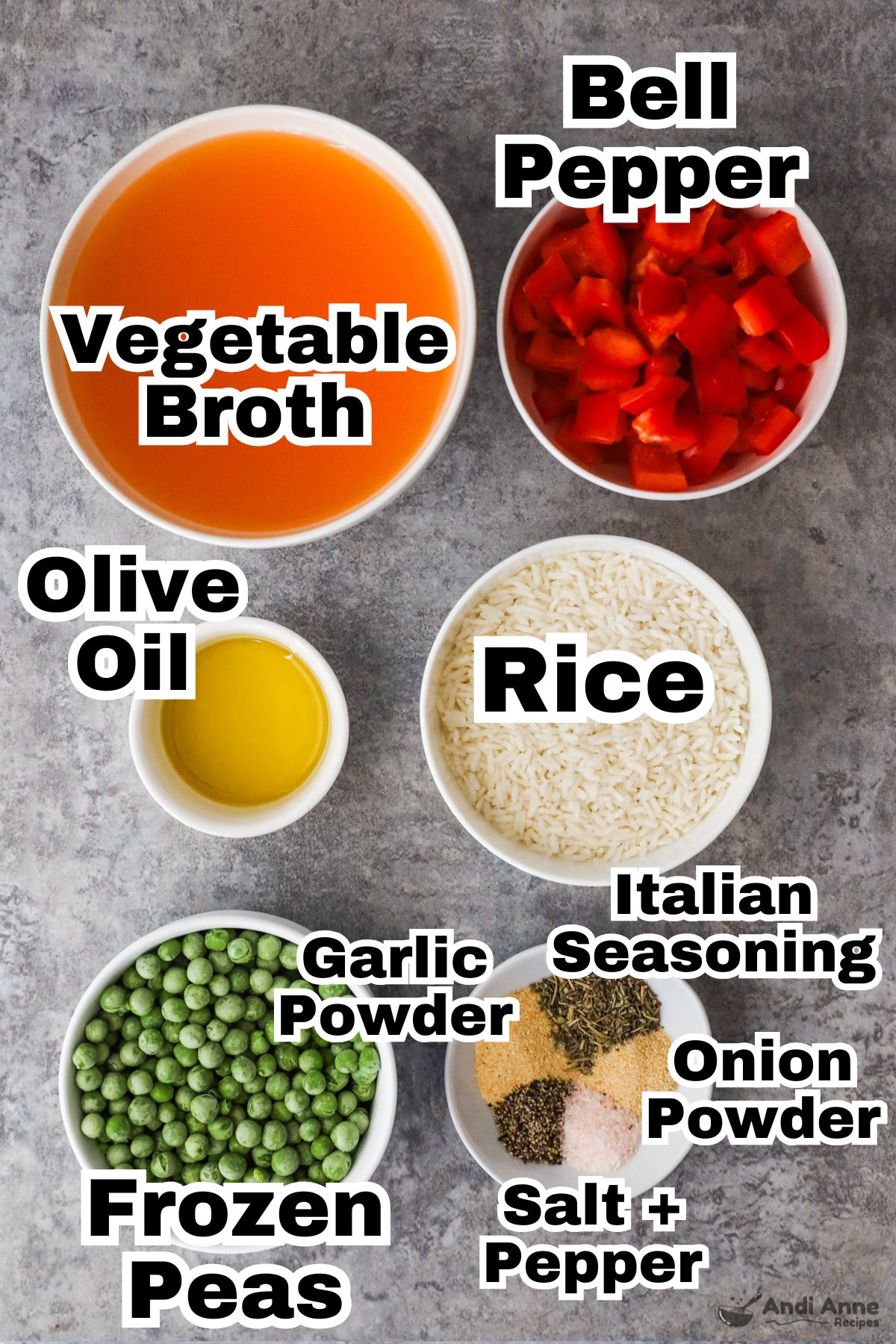 Recipe ingredients in bowls including vegetable broth, chopped bell pepper, olive oil, rice, frozen peas and spices