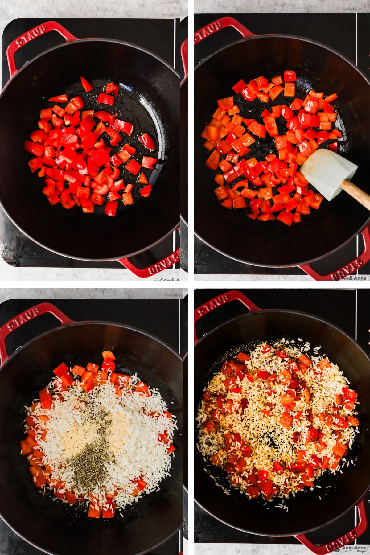 Four images grouped together of a pot, first two with chopped bell pepper, third has rice and spices dumped in, fourth ingredients mixed together