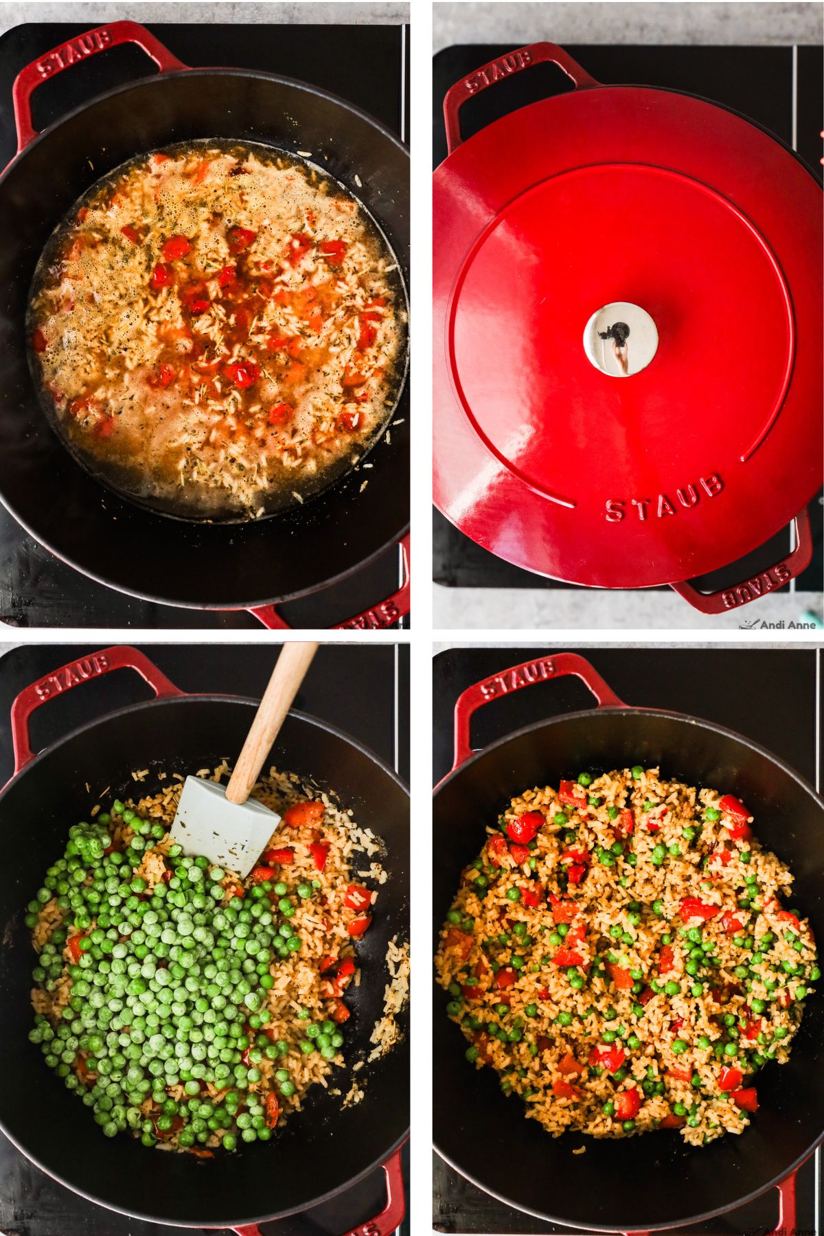 Four images grouped together, first with rice, bell pepper in broth, second with lid, third with frozen peas dumped over rice, fourth with ingredients mixed together