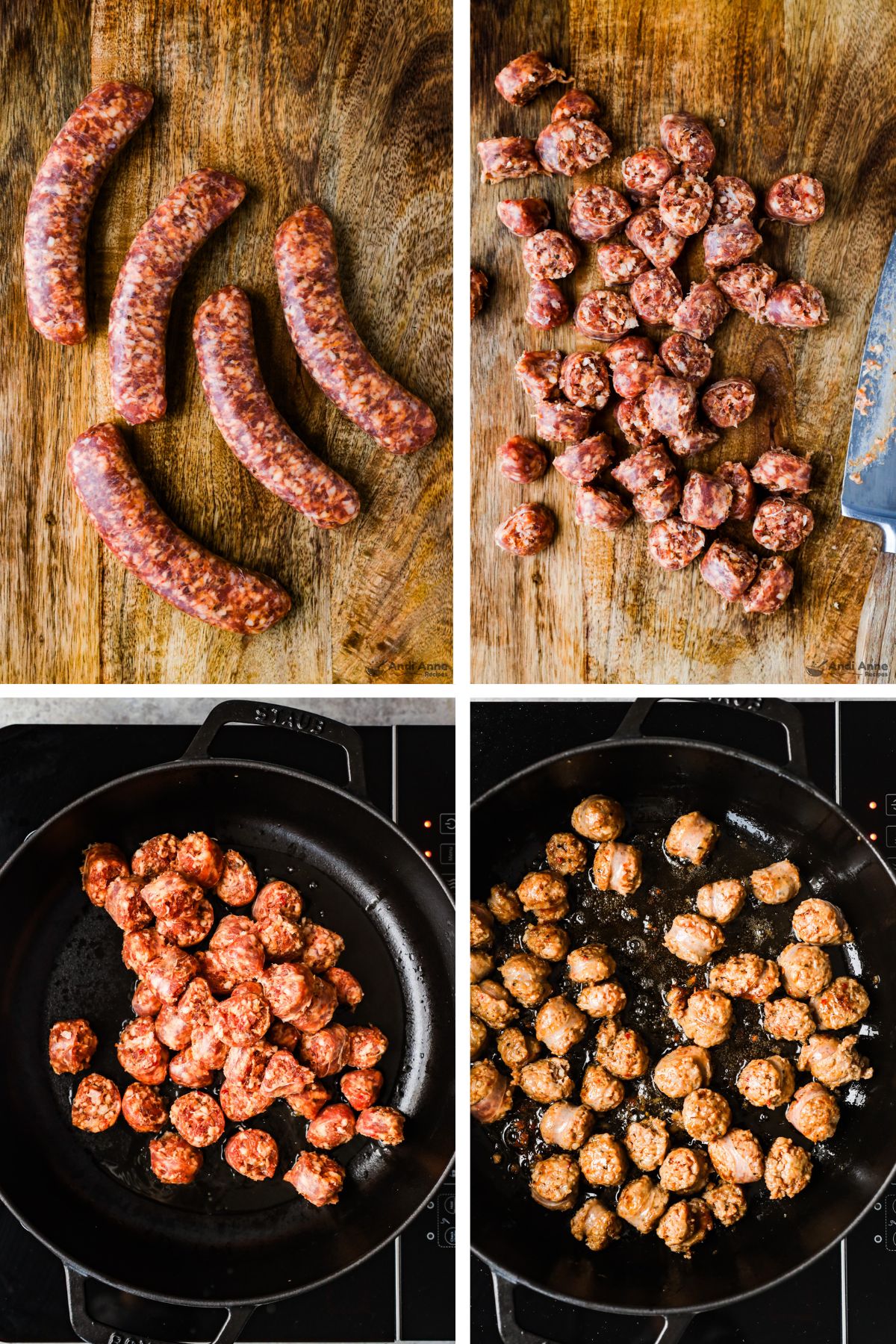 Four images grouped together, first is raw sausage links, second is chopped sausage, third is chopped raw sausage in a pan, fourth is cooked raw sausage