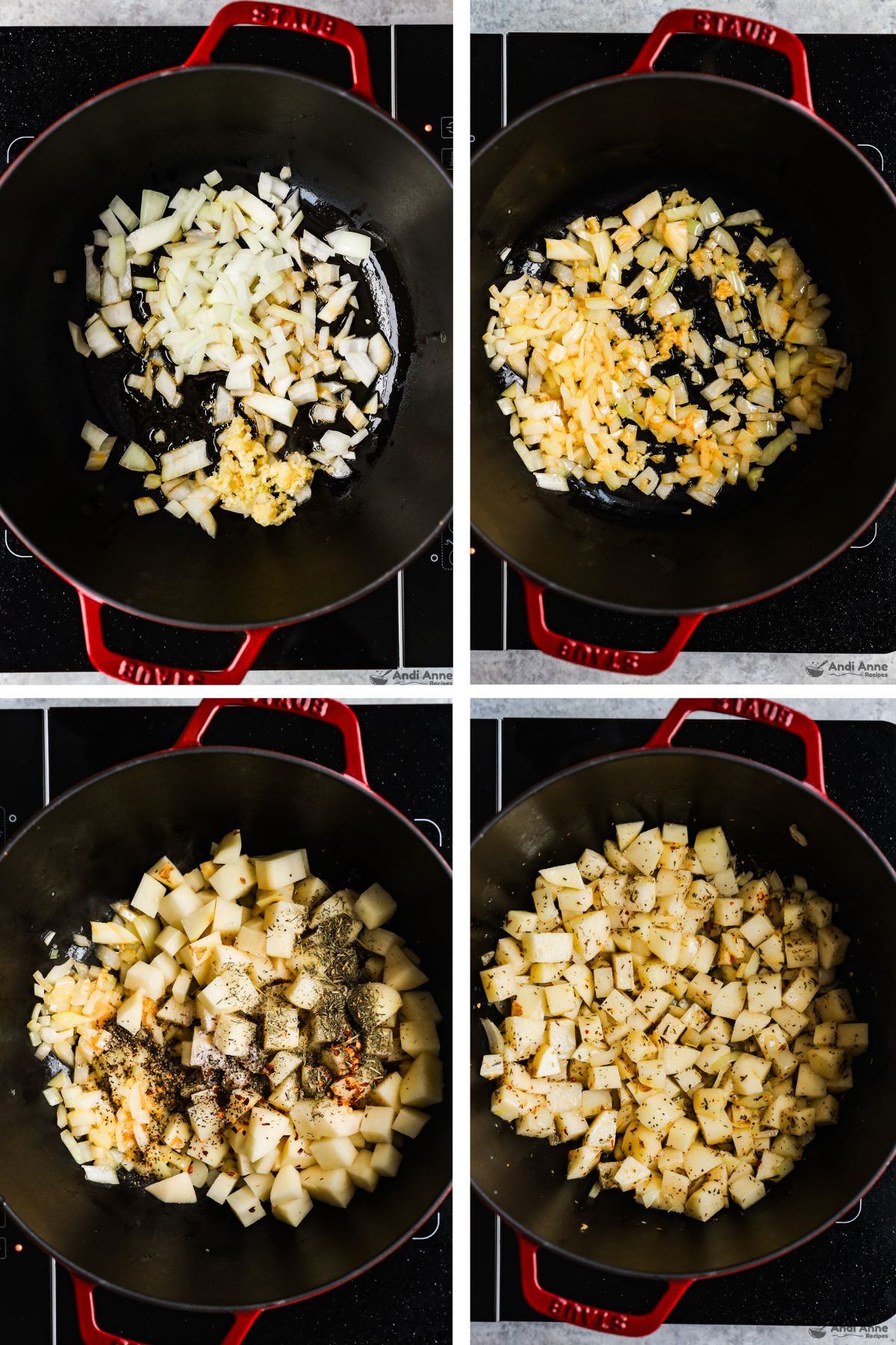 Four images of a pot grouped together. First and second are chopped onion and garlic uncooked then cooked. Last two are chopped potatoes and spices first dumped in then mixed together.