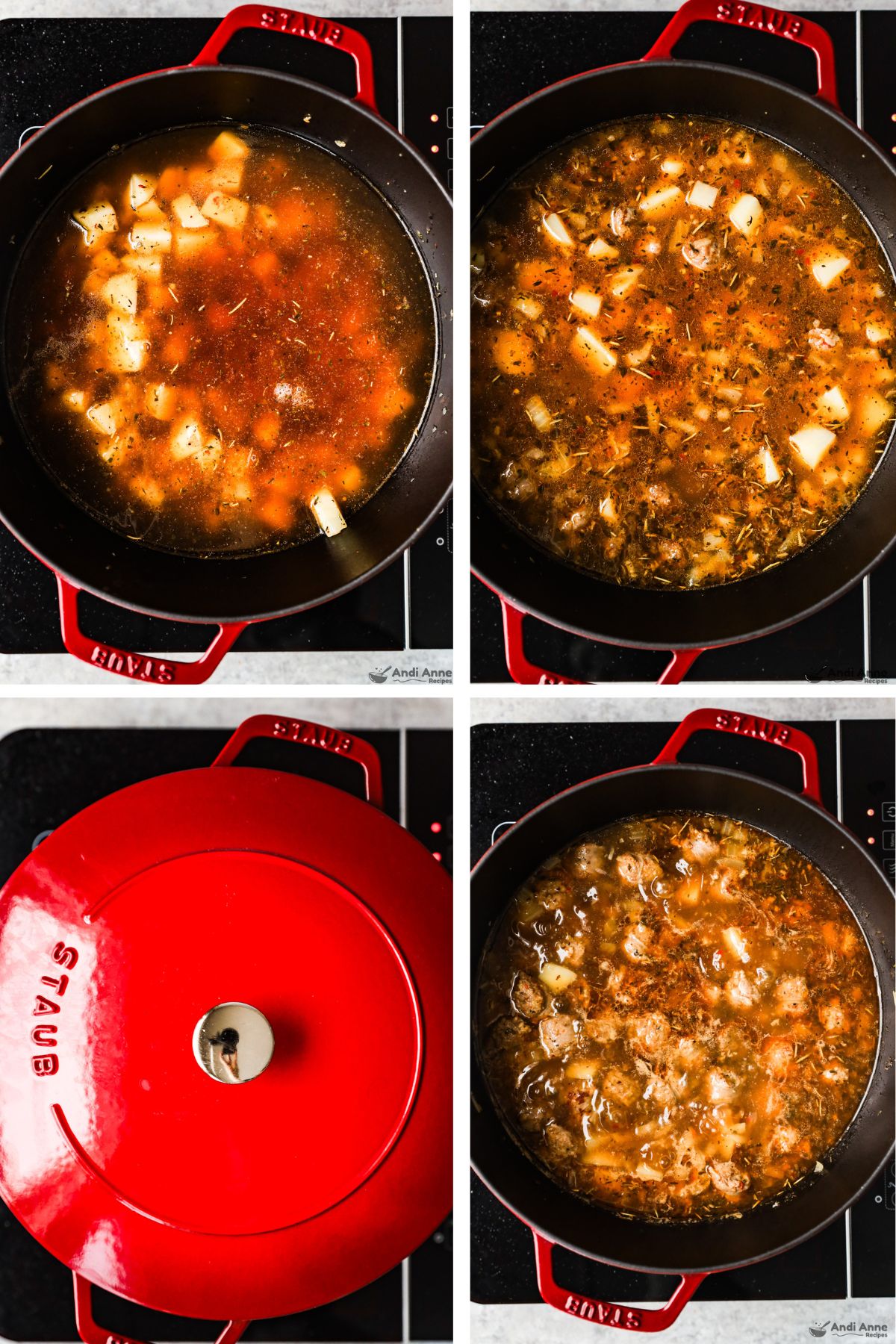 Four images grouped of a pot, with simmer potatoes and sausage in a broth with spices. All in various cooking stages, one image has the lid on