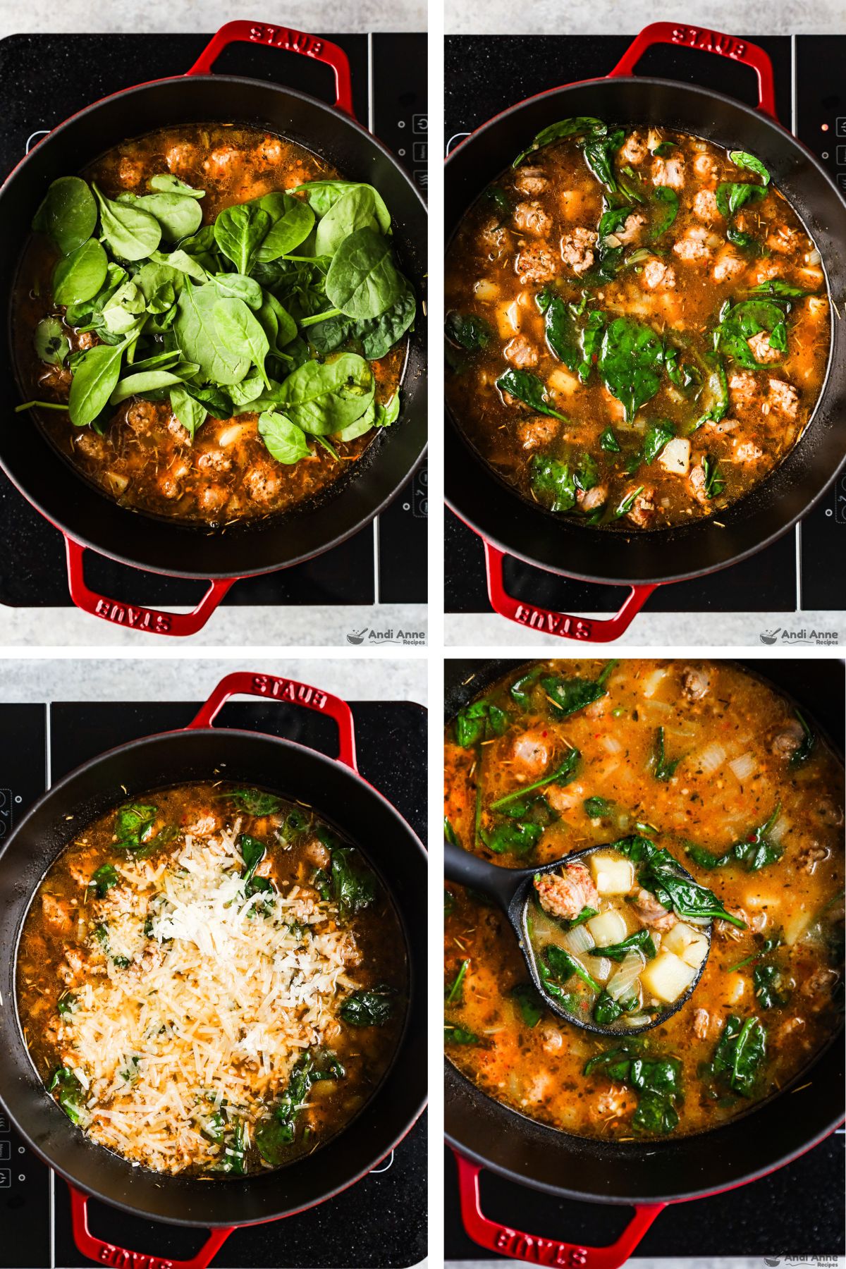 Four images grouped of a pot, first is spinach dumped over sausage soup. Second is spinach mixed in. Third is grated parmesan dumped in, fourth is soup ladle in soup pot