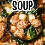 Close up of sausage potato soup with spinach