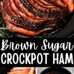 Brown sugar sliced ham in a crockpot with a silicone brush and glaze sauce