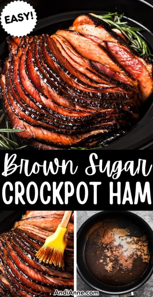 Brown sugar sliced ham in a crockpot with a silicone brush and glaze sauce
