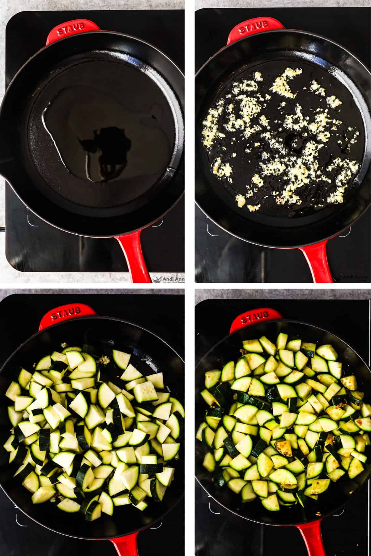 Four images grouped together of a frying pan, first with oil, second with minced garlic, third with chopped fresh zucchini, fourth with cooked zucchini.